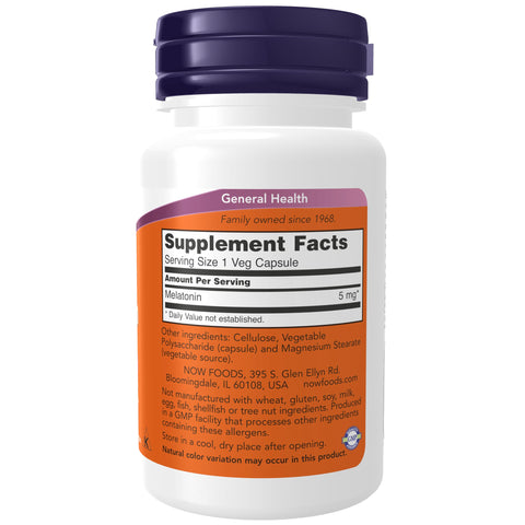 NOW Foods Supplements, Melatonin 5 mg, Free Radical Scavenger*, Healthy Sleep Cycle*, 60 Veg Capsules