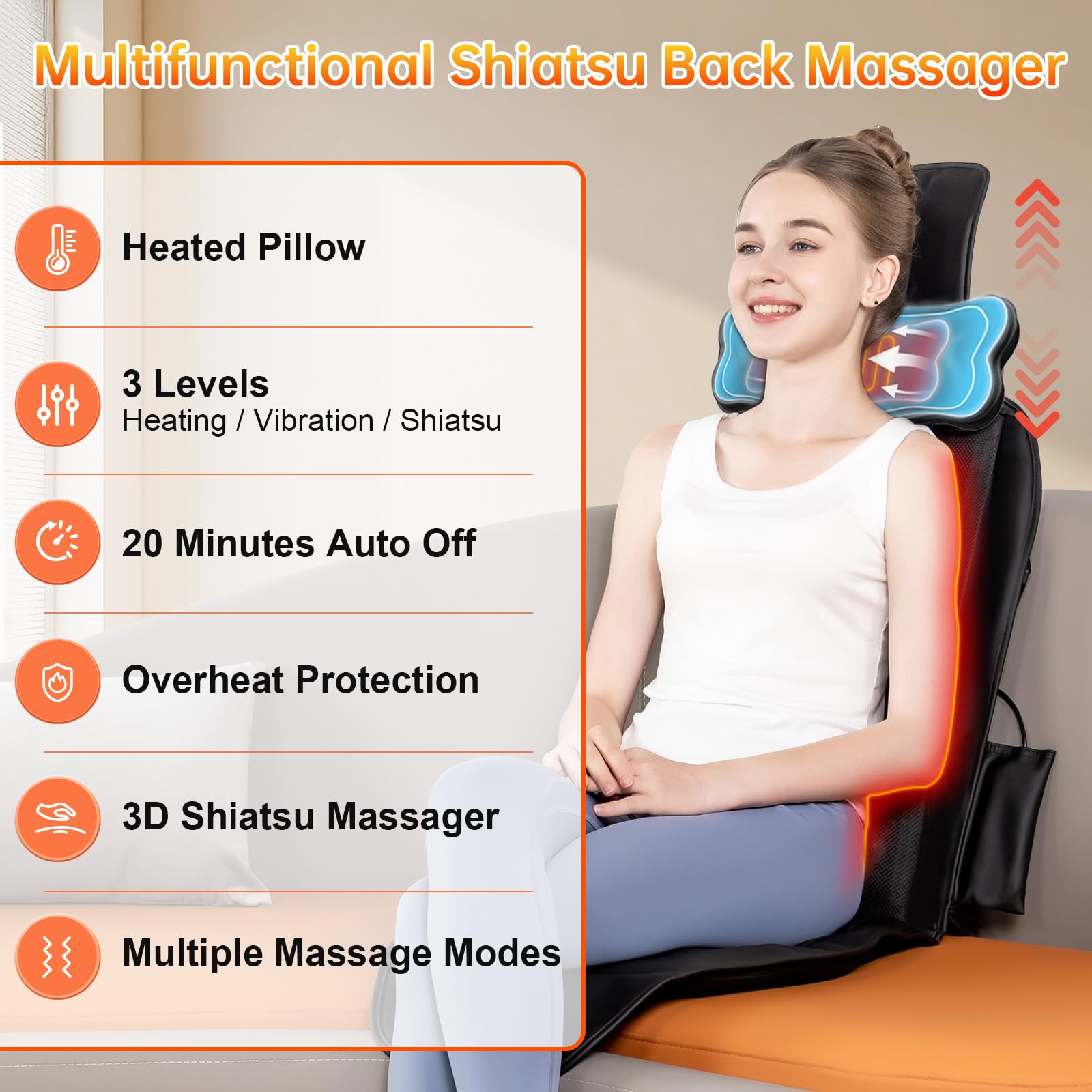comrelax Shiatsu Back Massager with Heat, Massage Chair Pad for Full Back, Seat Massager for Office/Home,Gift for Father/Mother