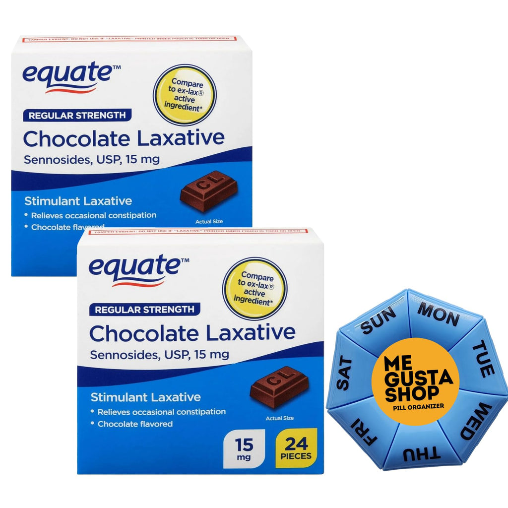 Equate Regular Strength Chocolate Laxative, Sennosides, Laxative Chocolate USP, 15mg, 24 Count Pack of 2 Includes Pill Organizer