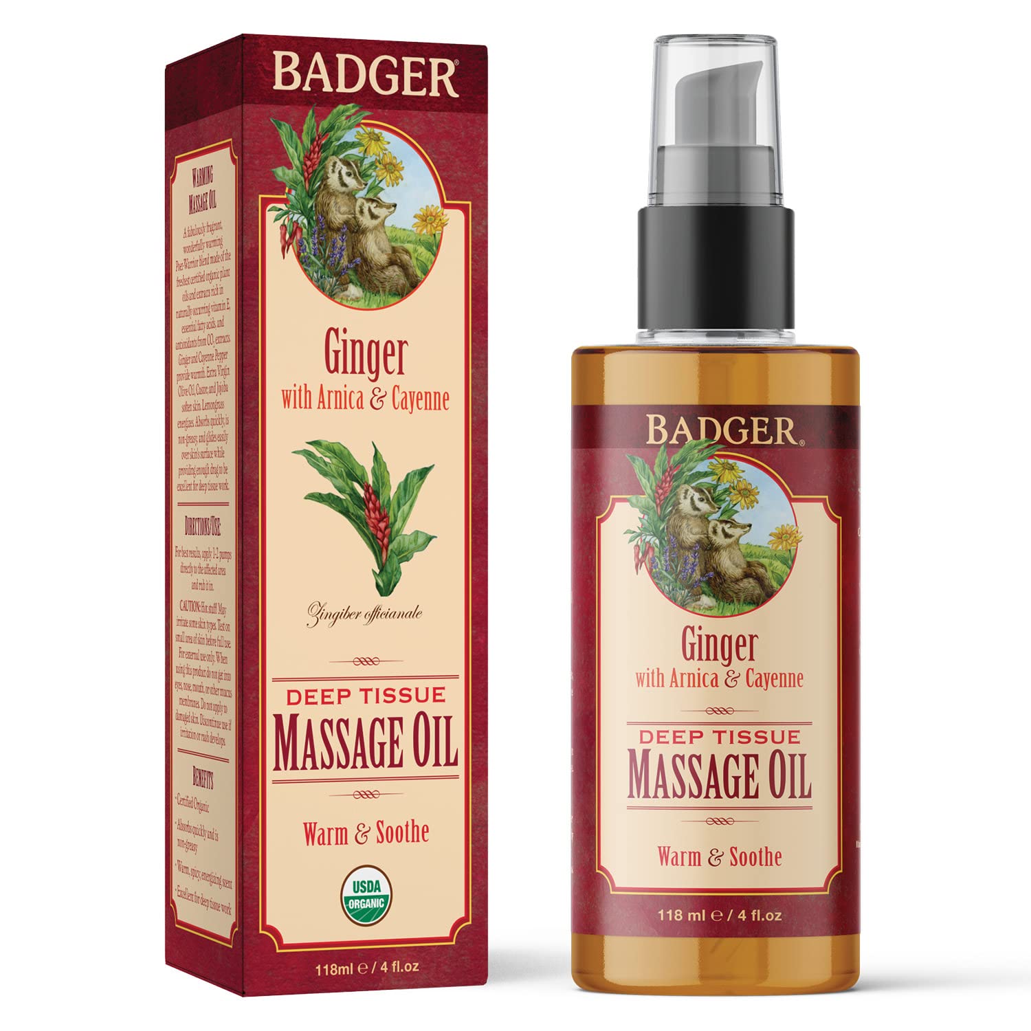 Badger - Deep Tissue Massage Oil, Ginger with Arnica & Cayenne, Certified Organic Massage Oil, Warm & Soothe, Massage Oil for So