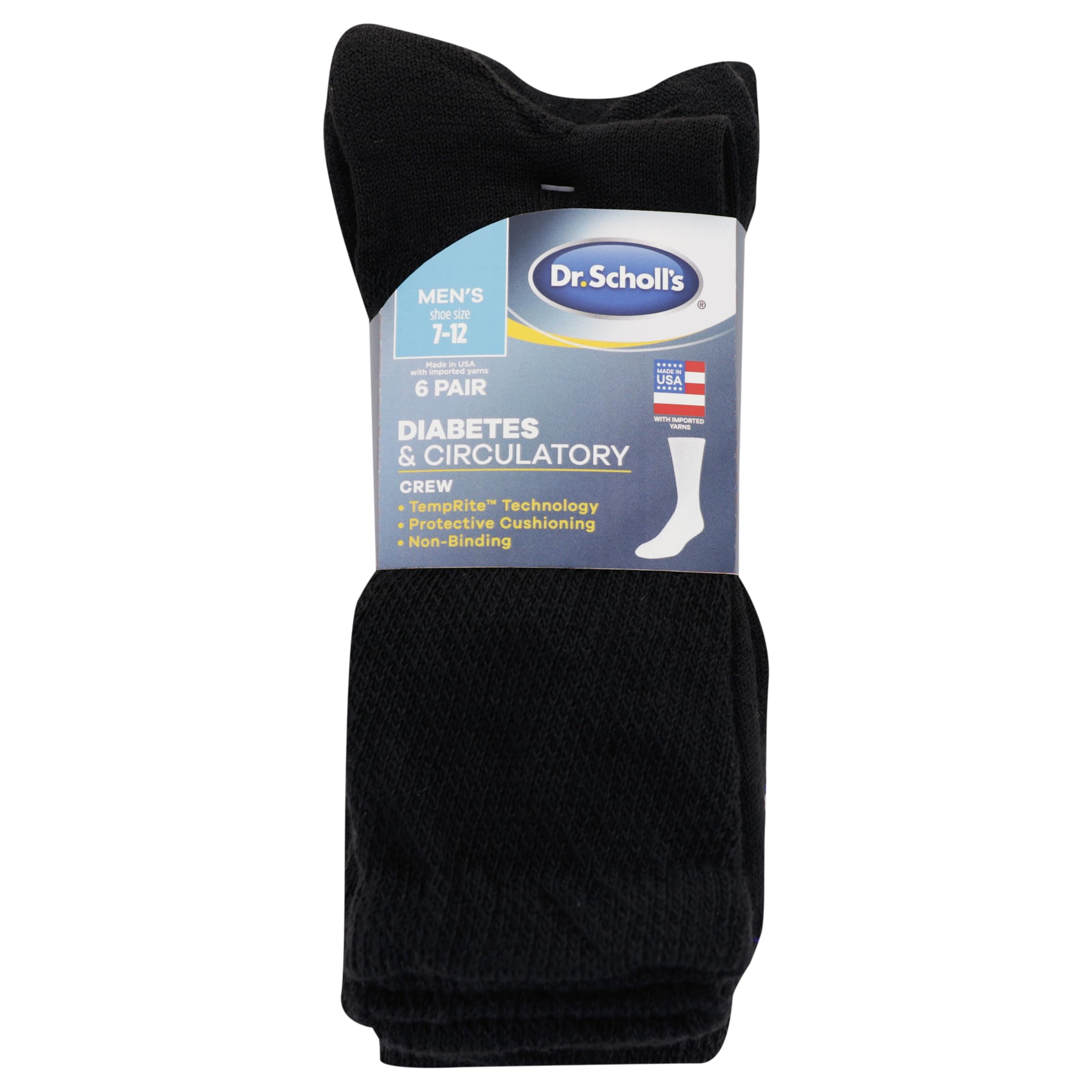 Dr. Scholl's Mens Diabetes & Circulator - 4 6 Pair Packs Non-binding Comfort And Moisture Management Sock, Black, 13-15 US