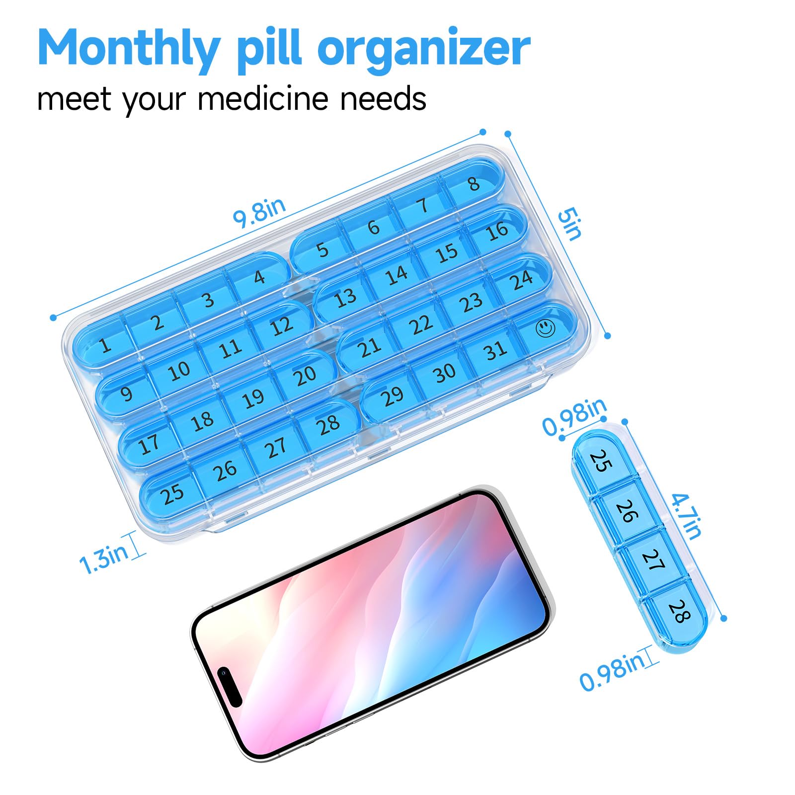Zoksi Monthly Pill Organizer 1 Times a Day, 30 Day Pill Box Organizer,One Month Pill Case for Travel, 31 Day Daily Medcine Conta