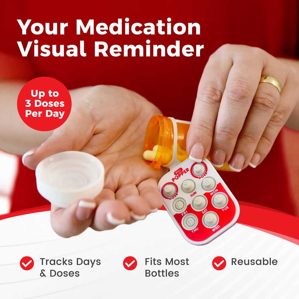 Pill Popper Medication Tracker, Daily Pill Reminder, Small and Portable Memory Aid with Buttons, Attaches to Pill Container, Tra