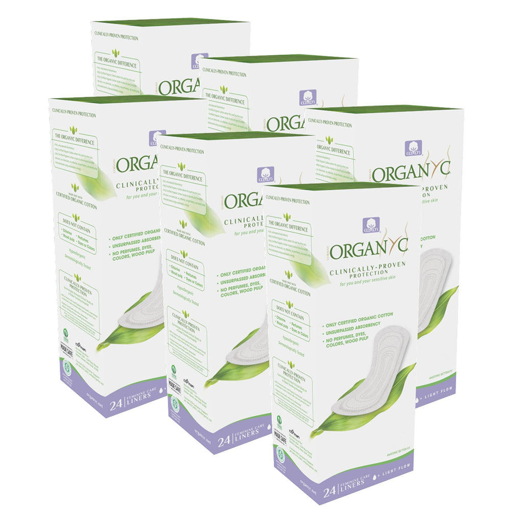 Organyc 100% Certified Organic Cotton Everyday Panty Liner - Flat, Light Flow, Light Plus, 24 Count (Pack of 6)