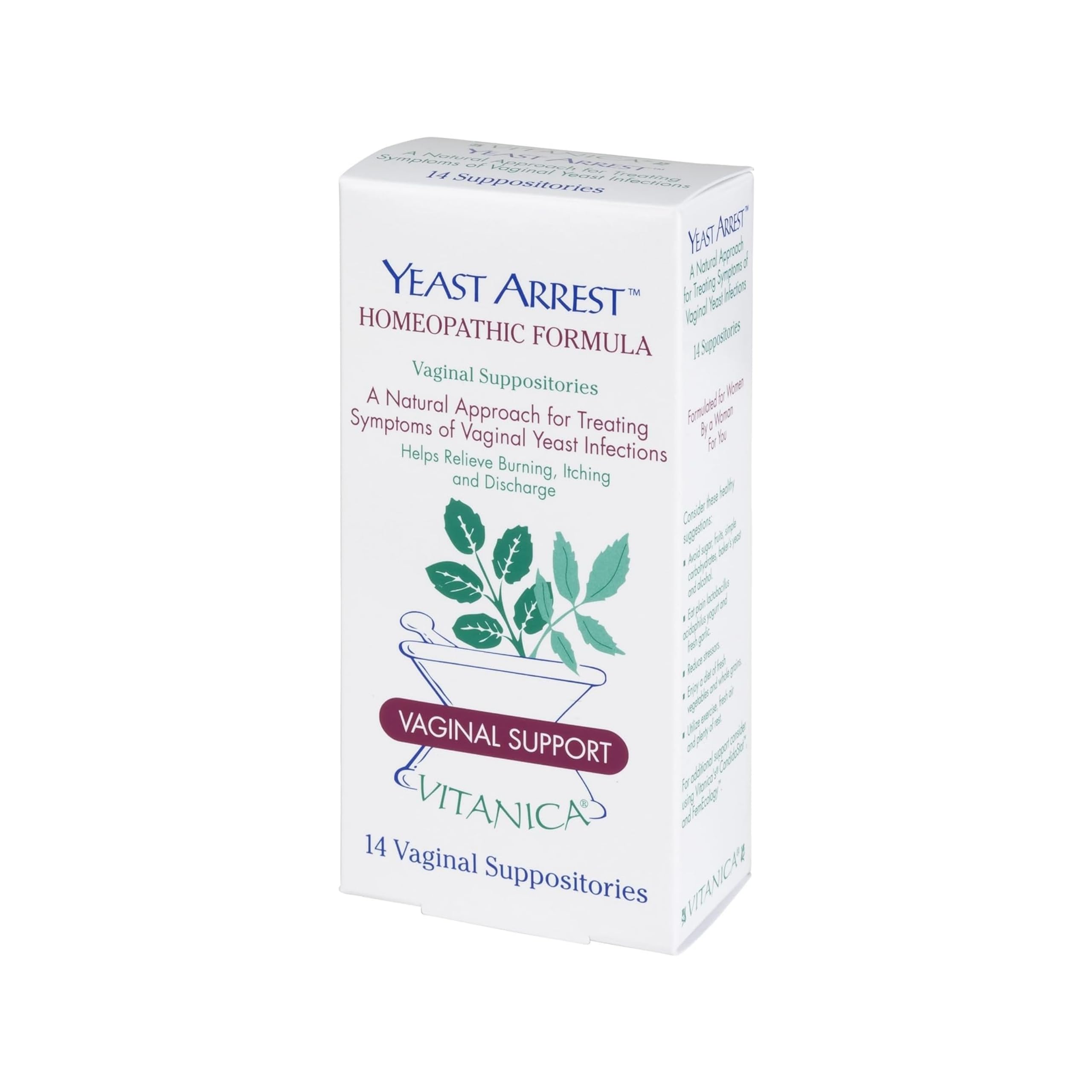 Vitanica Yeast Arrest, Homeopathic Vaginal Suppositories, for Yeast Infection Symptoms, Relieves Burning, Itching & Discharge, w