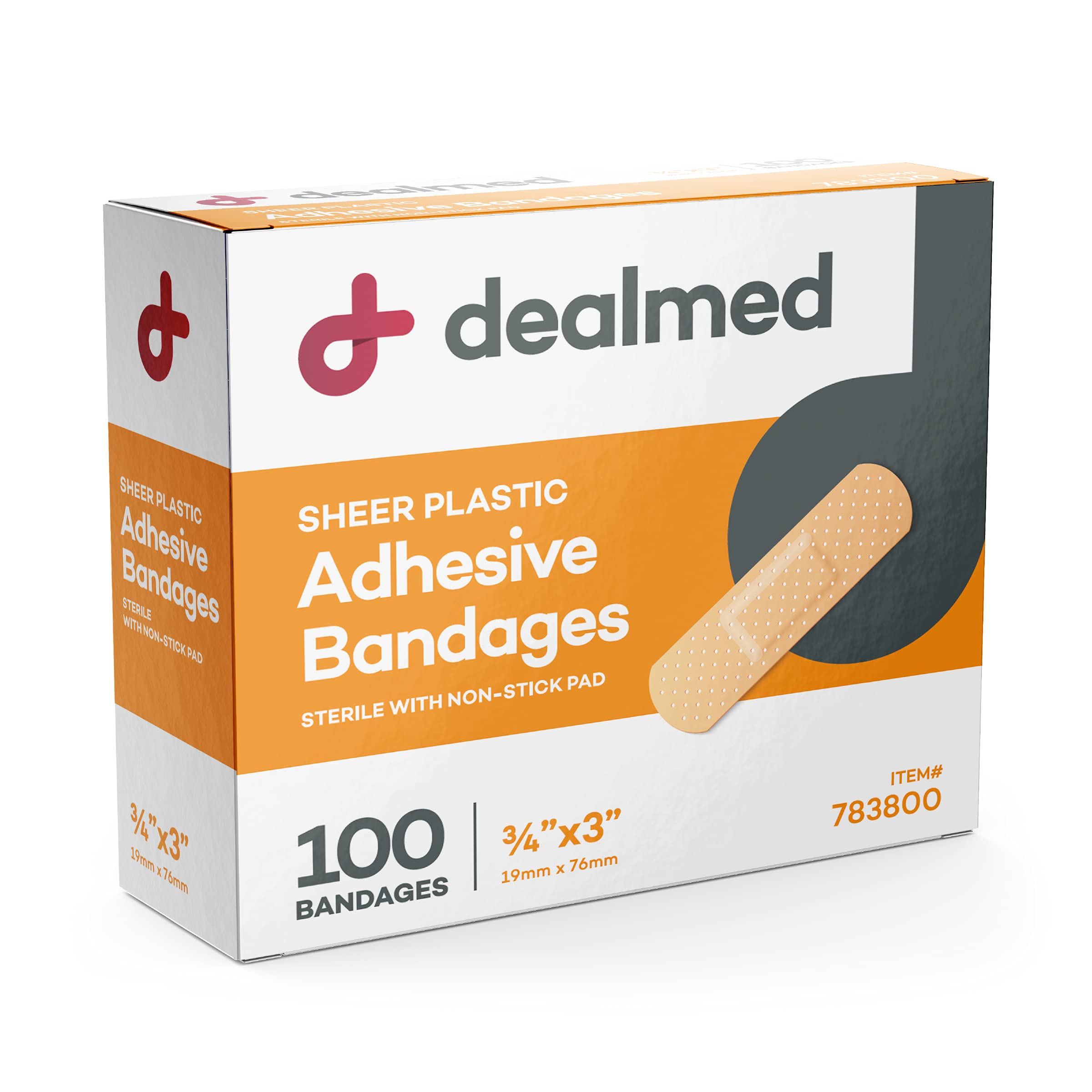 Dealmed Sheer Plastic Flexible Adhesive Bandages - 100 Count (1 Pack) Bandages with Non-Stick Pad, Latex Free, Wound Care for Fi