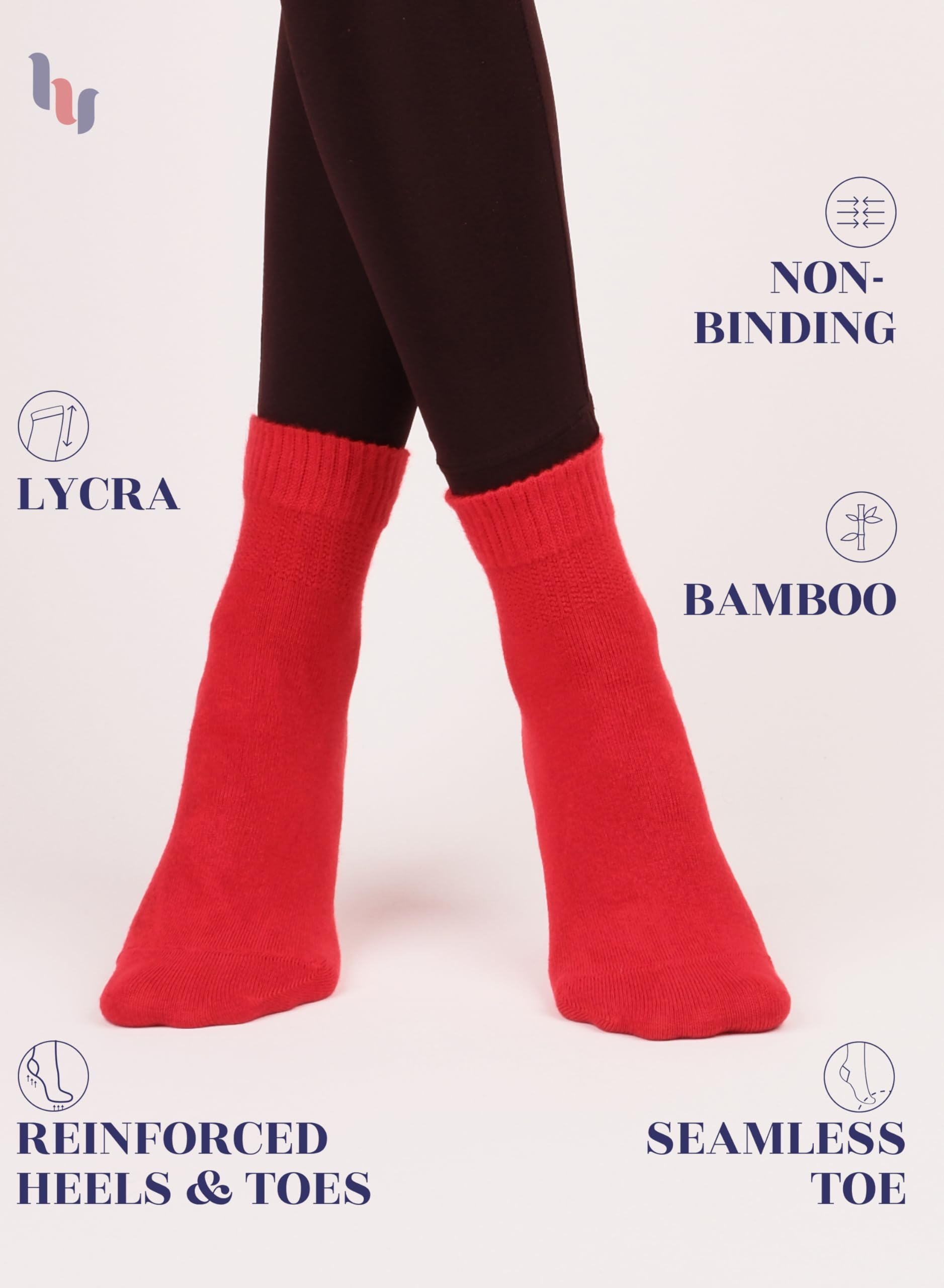 Hugh Ugoli Women Diabetic Ankle Socks, Super Soft & Thin Bamboo Socks, Wide & Loose, Non-Binding Top & Seamless Toe, 4 Pairs, Re