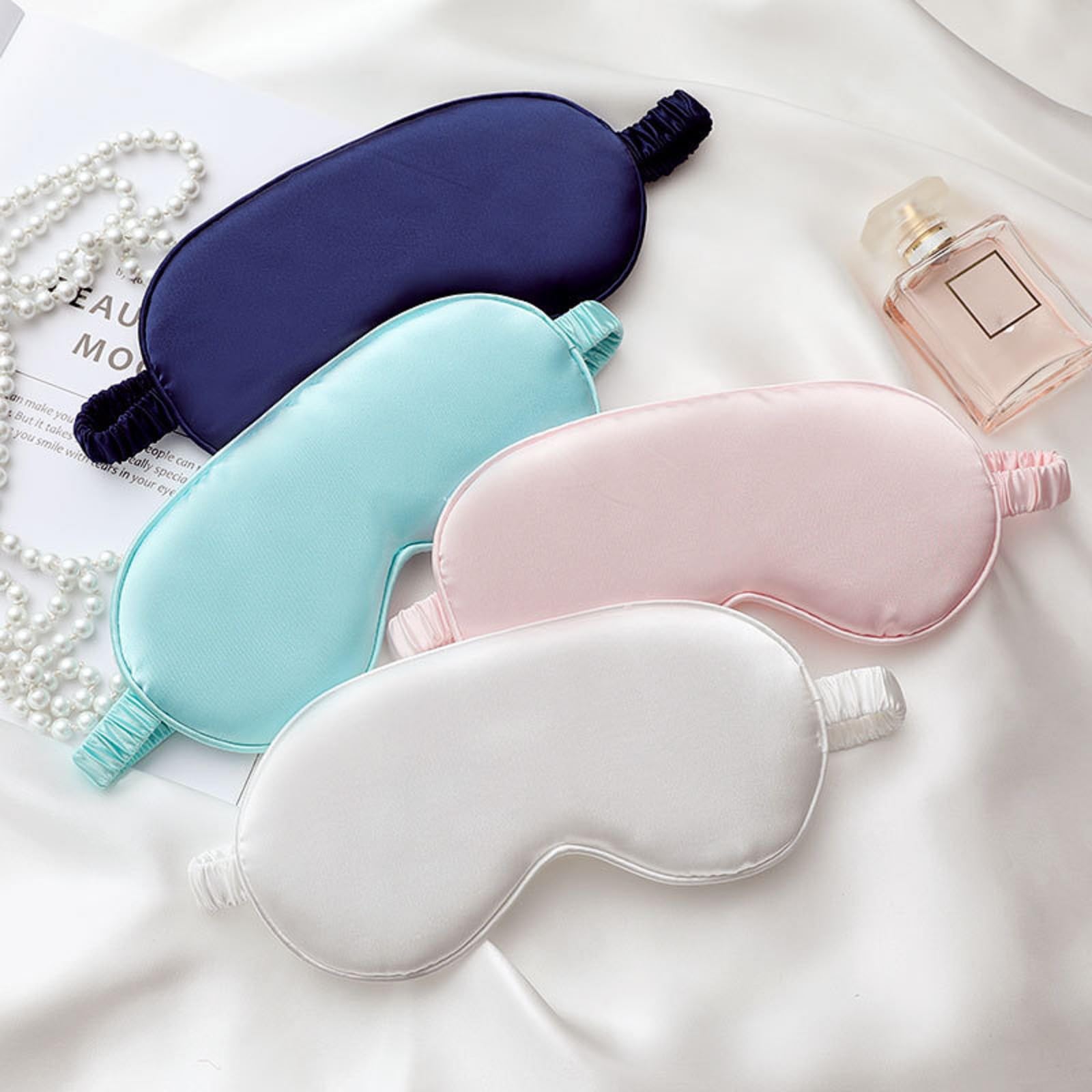 LCBD Silk Satin Sleeping Eye Mask, White Sleep Eye Night Blindfold for Women and Men, Soft Breathable Blackout Eyeshade Eye Cove