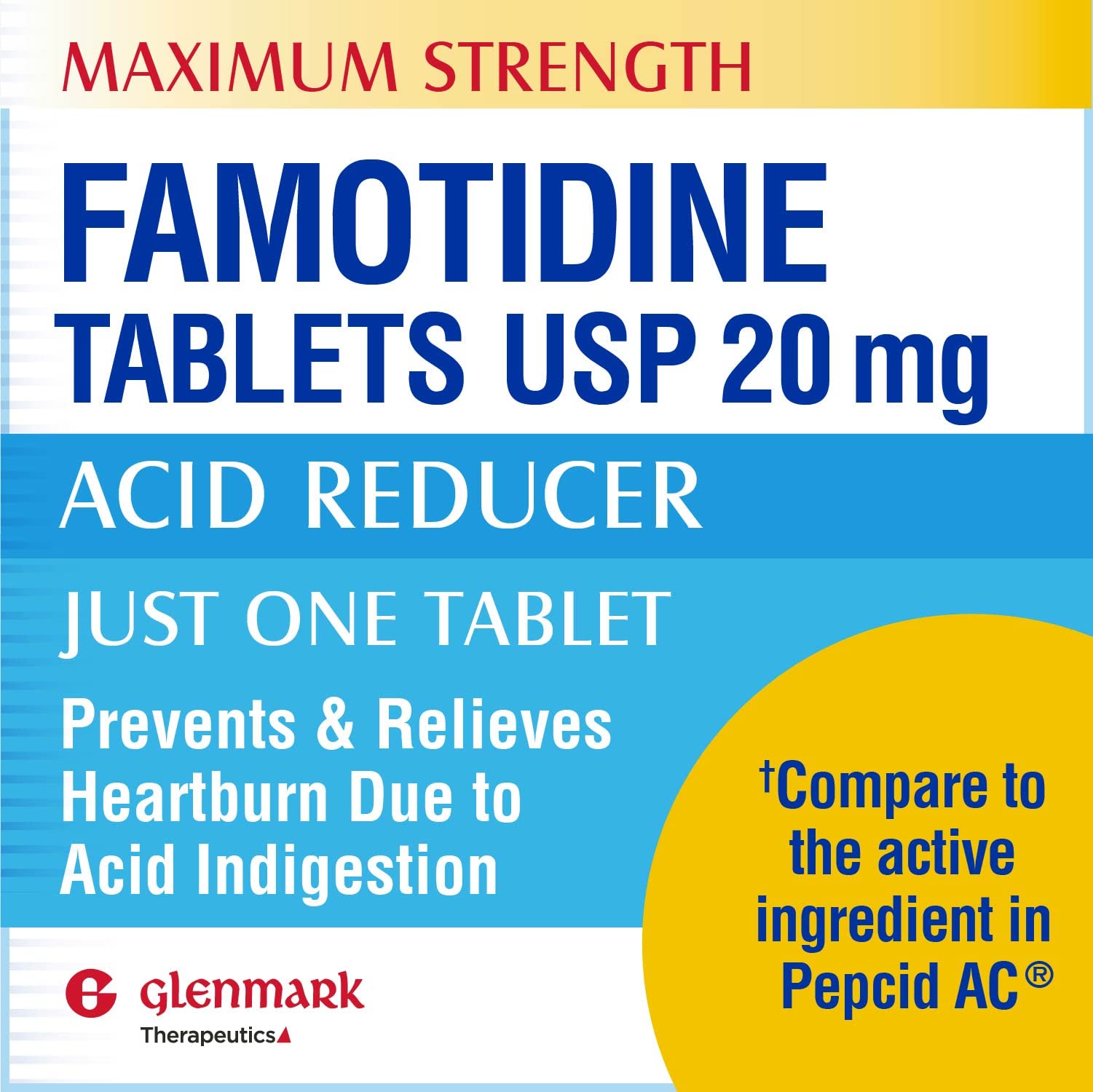 Glenmark Original Strength Famotidine Tablets, 20 mg, Acid Reducer for Heartburn Relief, 85 Count