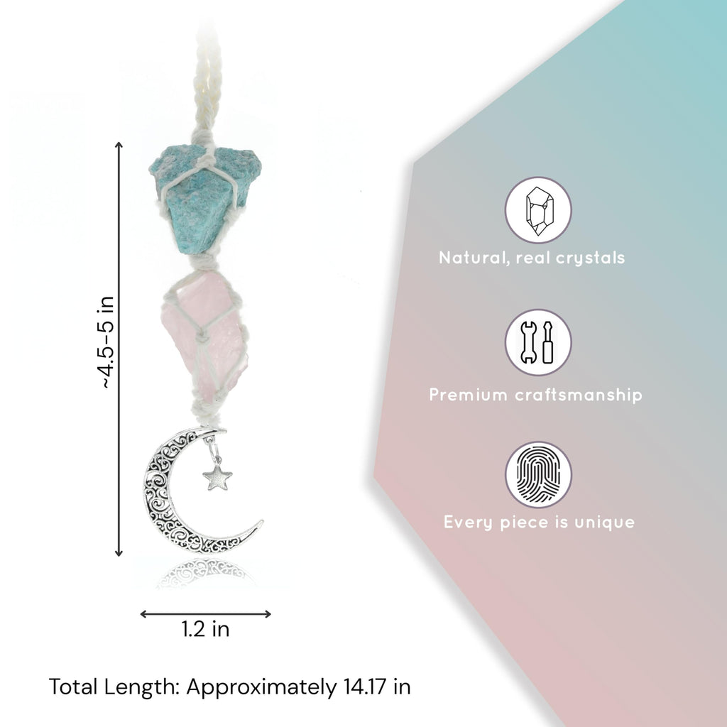 BOHO GARDEN Hanging Car Charm - Amazonite & Rose Quartz - Dangling Moon & Healing Crystal Accessories, Rearview Mirror Decoratio