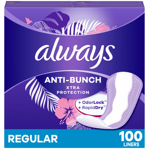 Always Anti-Bunch Xtra Protection, Panty Liners For Women, Light Absorbency, Regular Length, Leakguard + Rapiddry, Unsented, 100