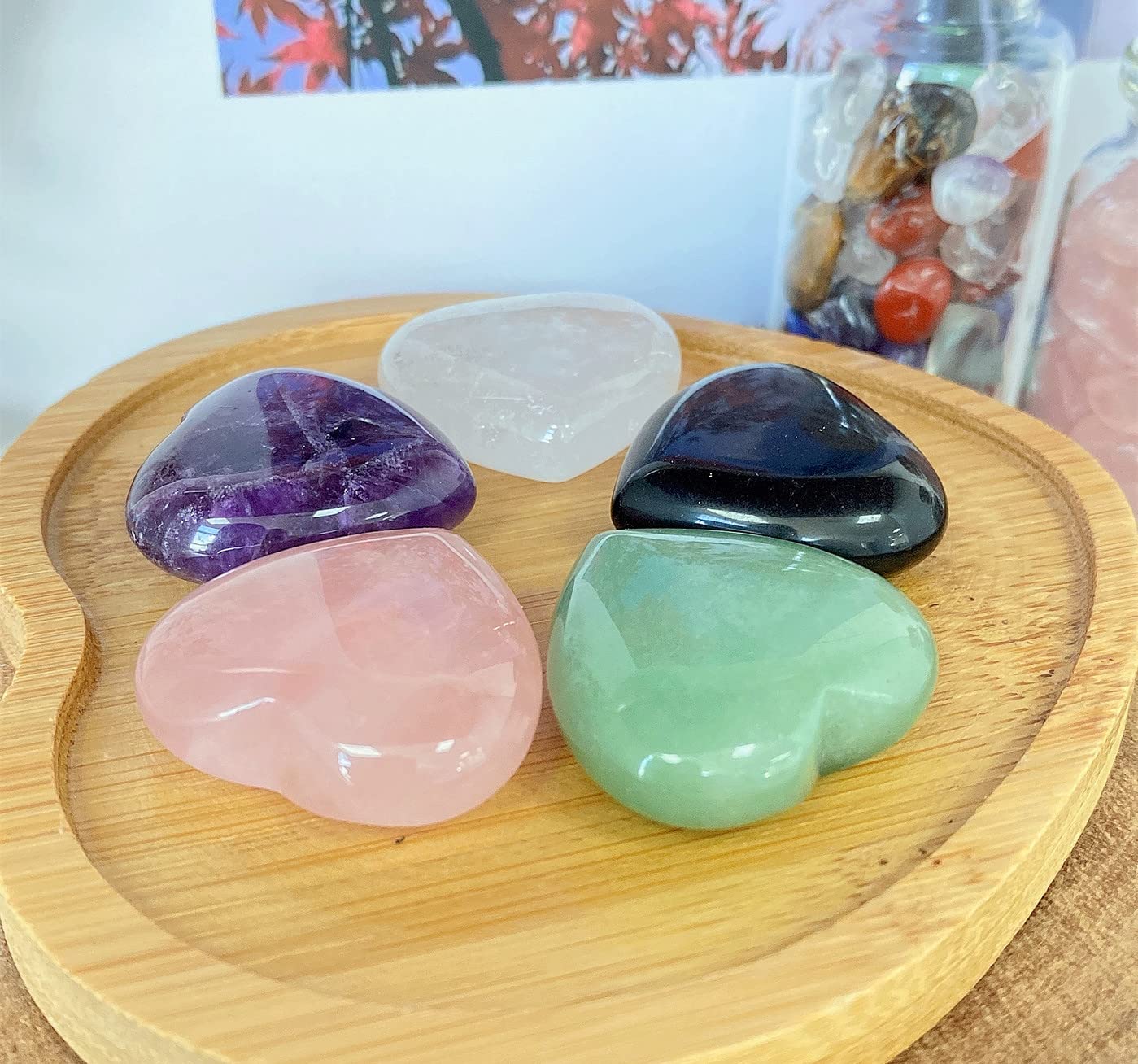QINJIEJIE 5Pcs 1.2'' Rose Quartz Heart Crystals Amethyst Healing Crystal Love Stone Polished Thumb Palm Natural Worry Gemstones