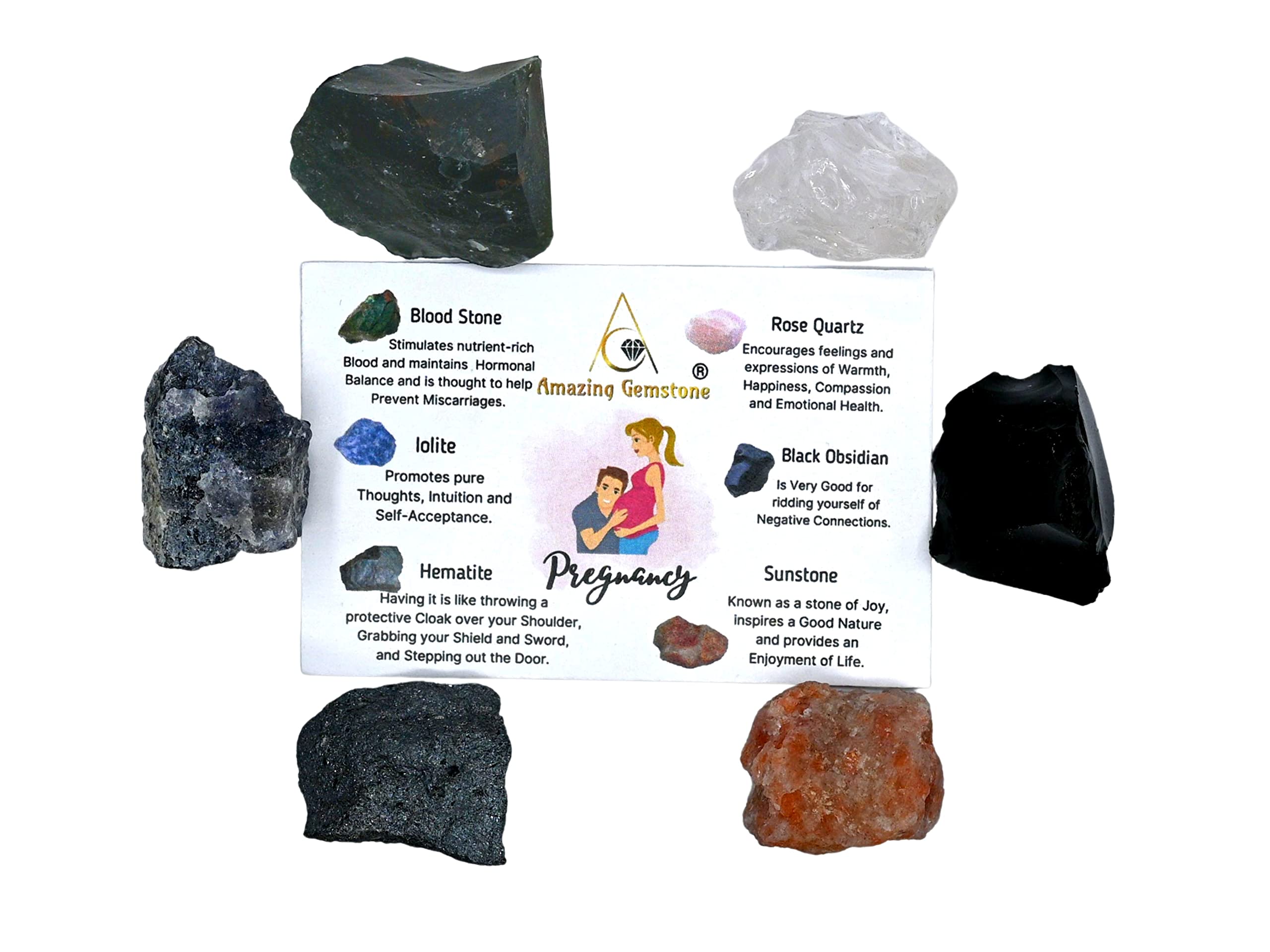 Crystals for Pregnancy, Set of 6 Blood Stone, Iolite, Hematite, Rose Quartz, Black Obsidian and Sunstone Healing Crystals and St