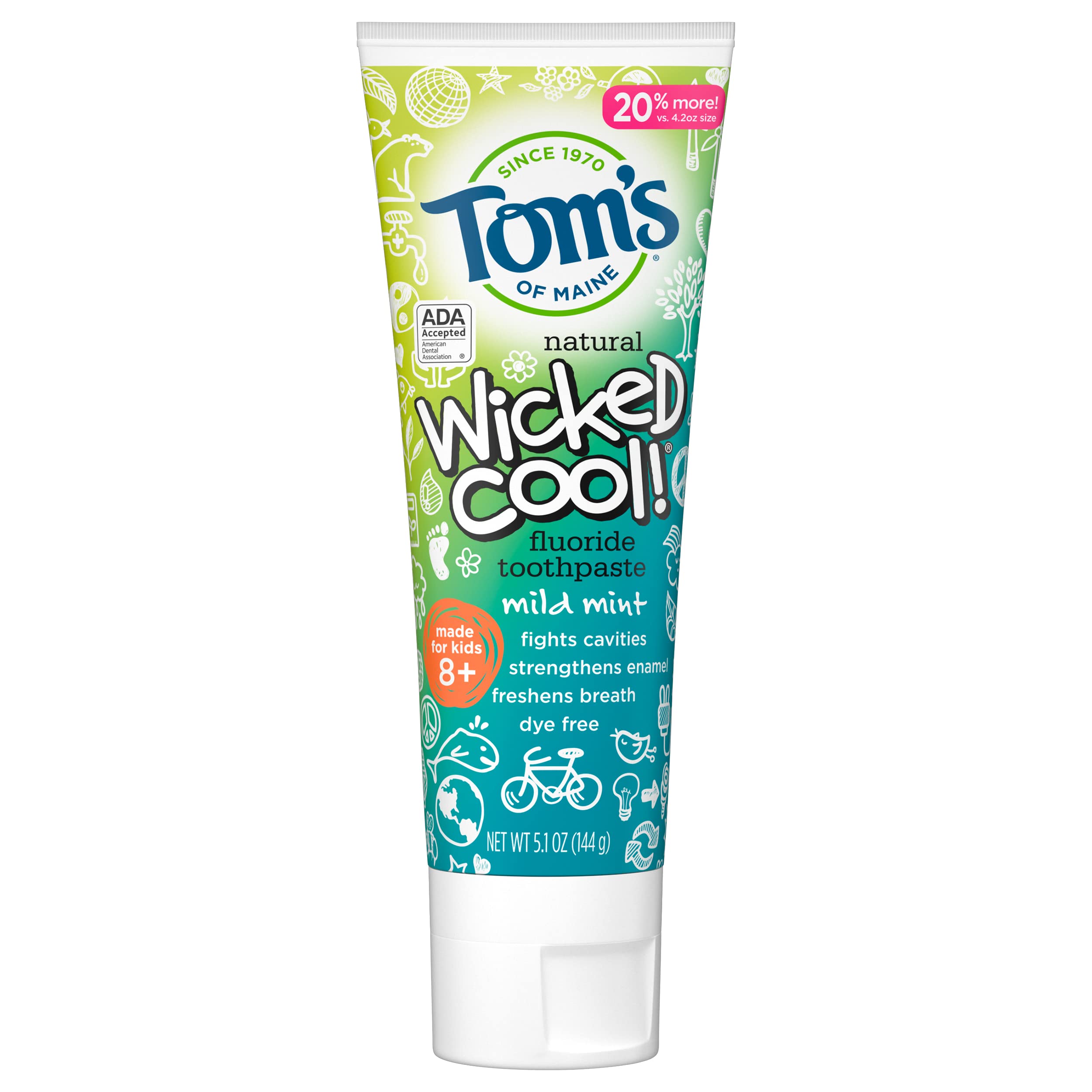 Toms of Maine Natural Wicked Cool! Fluoride Toothpaste for Kids, Mild Mint, 5.1 oz.