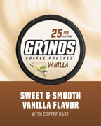 Grinds Coffee Pouches | Tobacco Free, Nicotine Free Healthy Alternative | 10 Cans of Vanilla | 18 Pouches Per Can | 1 Pouch eq.