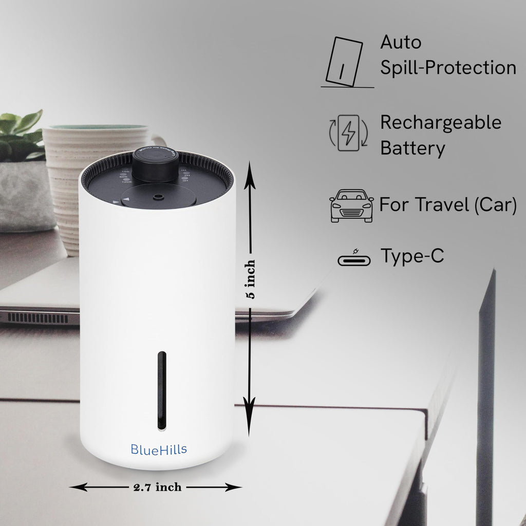 BlueHills Waterless Cordless Essential Oil Diffuser - White, Wireless, Portable Aroma Nebulizing Diffusers for Home, Car & Offic