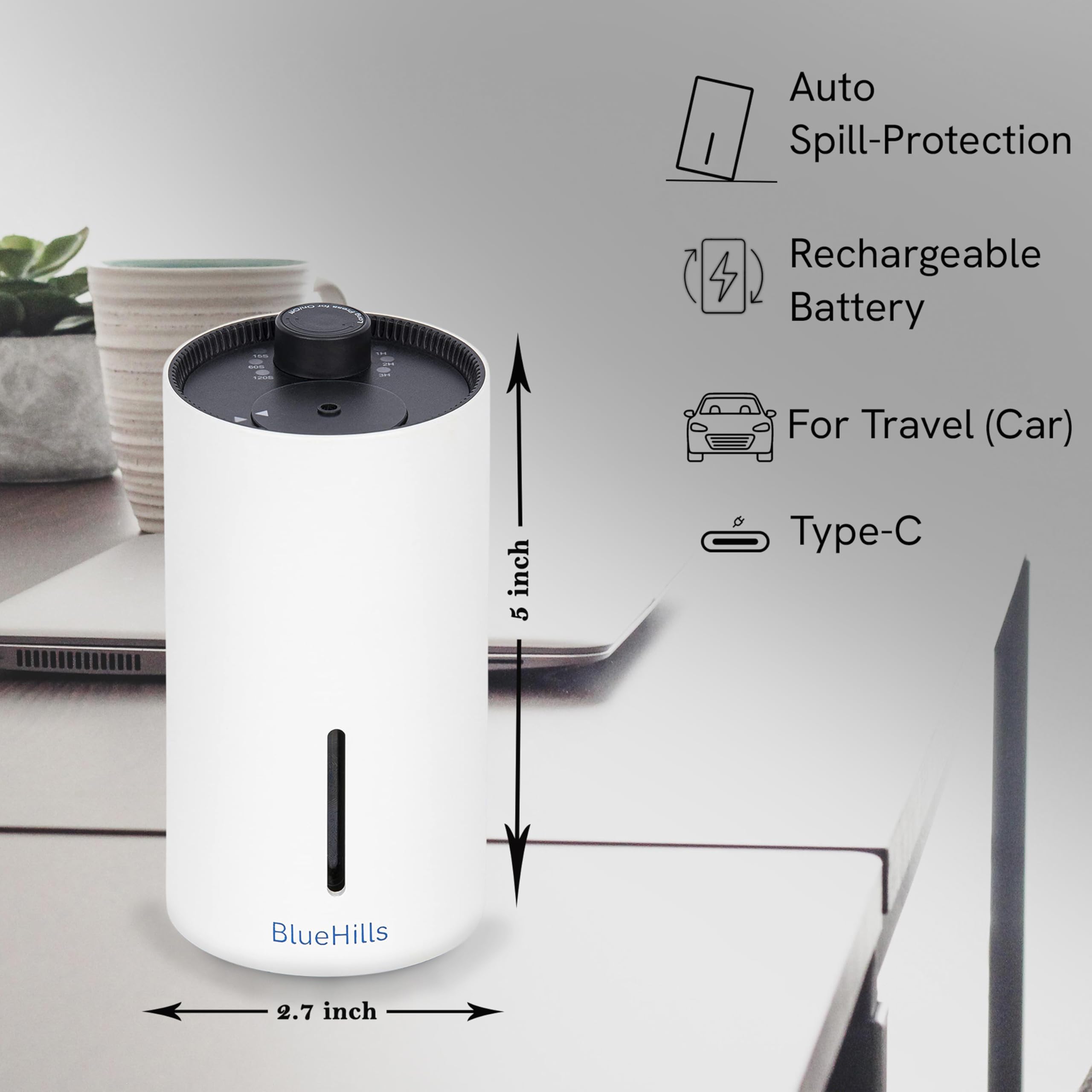 BlueHills Waterless Cordless Essential Oil Diffuser - White, Wireless, Portable Aroma Nebulizing Diffusers for Home, Car & Offic