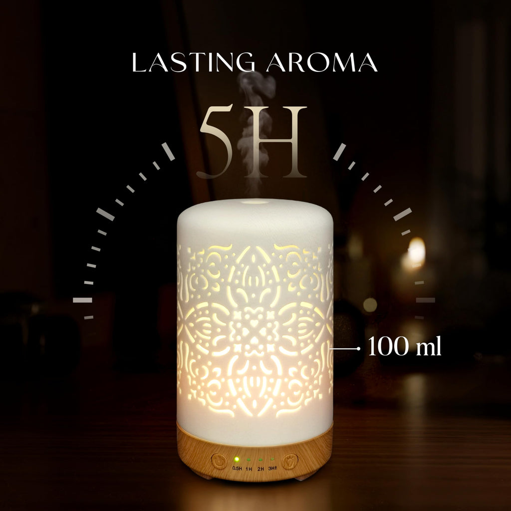 Earnest Living Essential Oil Diffuser White Ceramic Diffuser 100 ml Timers Night Lights and Auto Off Function Home Office Humidi