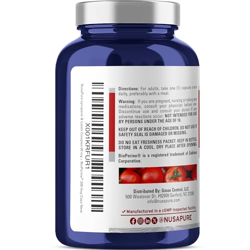 NusaPure Lycopene & Lutein Complex 60mg per Caps, 200 Veggie Capsules (Non-GMO, Vegan)