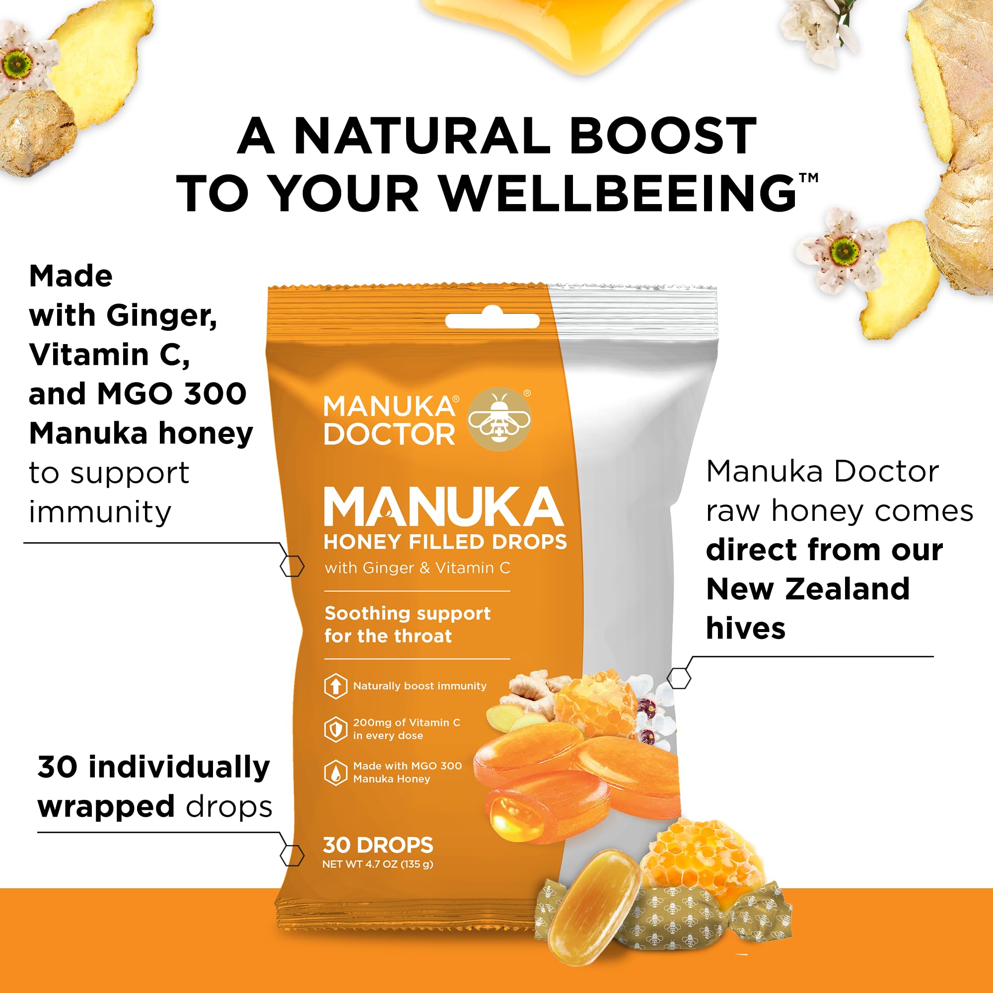 Manuka Doctor Cough Drops, Manuka Middles, 30 Drops (Pack of 1) Bag Throat Lozenges Infused with Raw Manuka Honey, Vitamin C & G