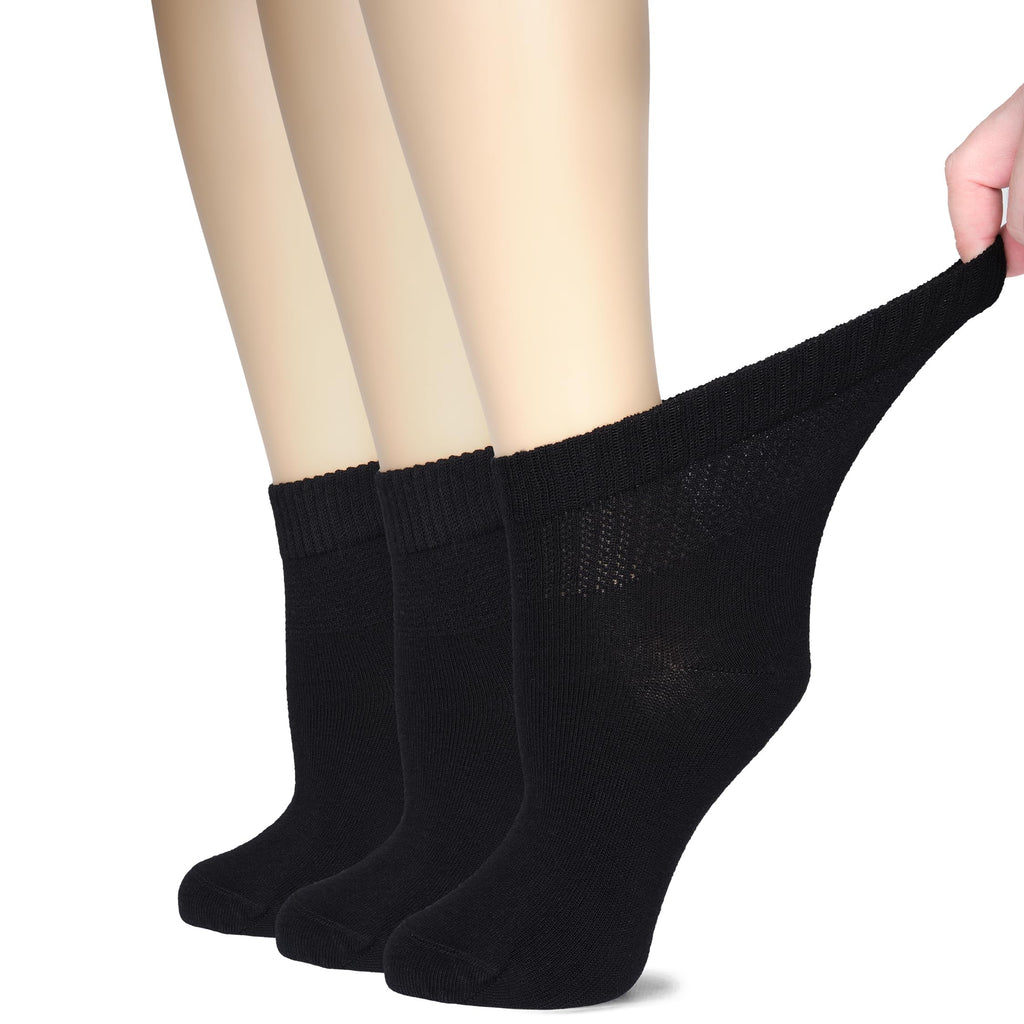 Hugh Ugoli Women's Bamboo Ankle Loose Fit Diabetic Socks, Soft, Seamless Toe, Wide Stretchy, Non-Binding Top, 3 Pairs, Black, Sh