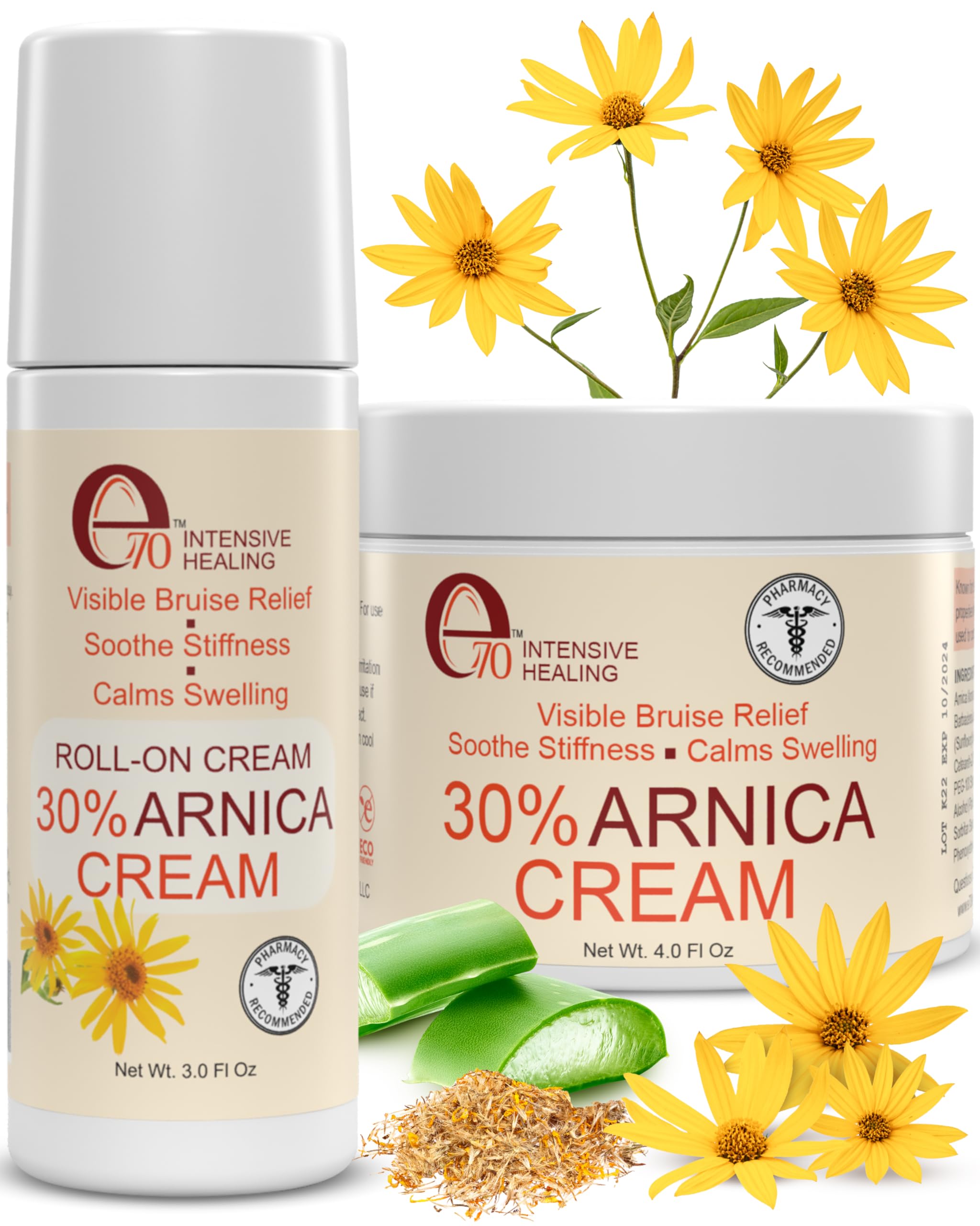 e70 Arnica Cream & Roll-On Set - 2-Piece Set Vitamin K Cream to Remove Bruises & Soothe Sore Muscles & Joints with 30% Arnica Mo
