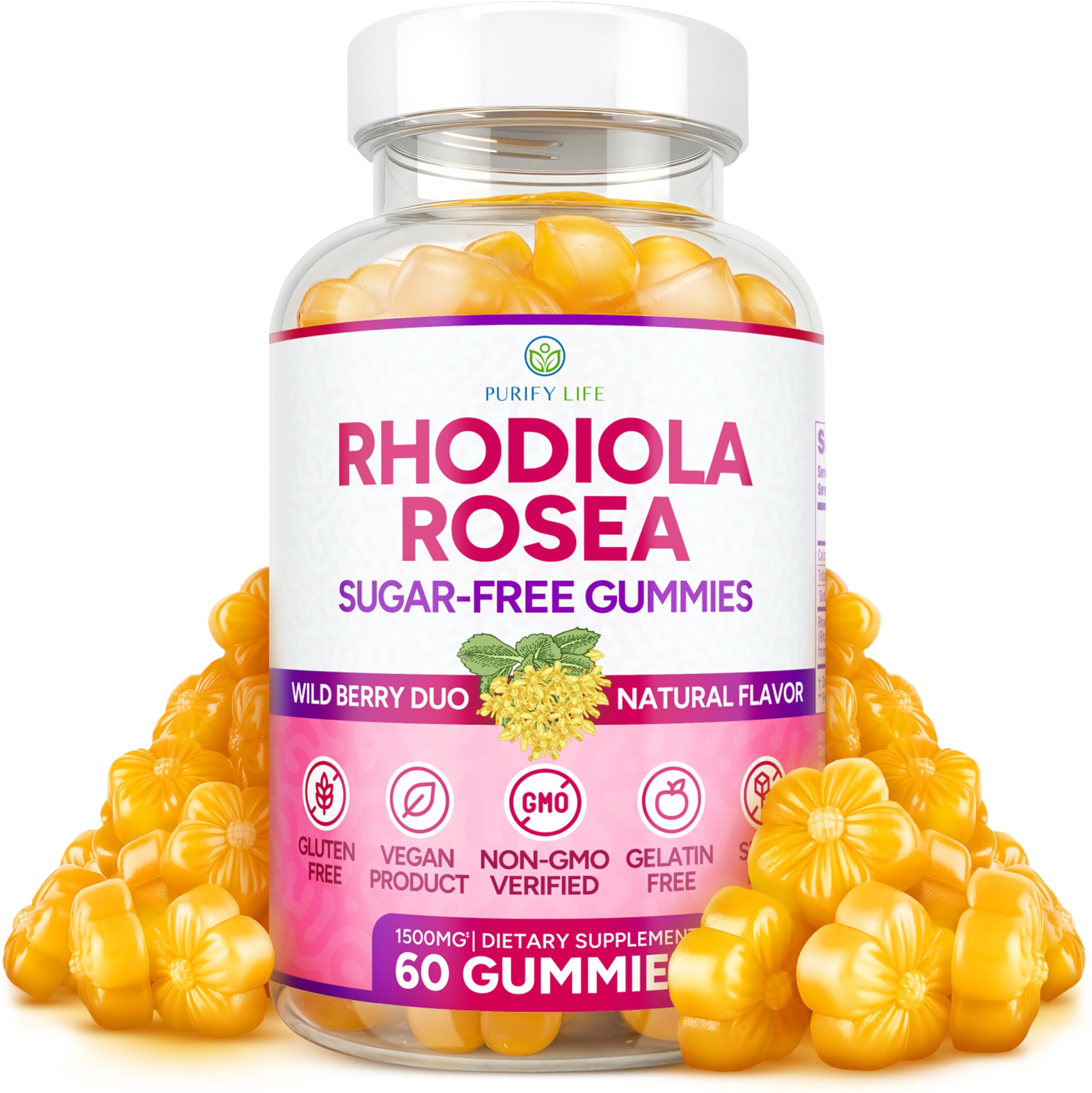 Sugar-Free Rhodiola Rosea Gummies (1500mg/Serving) Adaptogenic Rhodiola Rosea Supplement & Cortisol Blocker for Performance, Sta