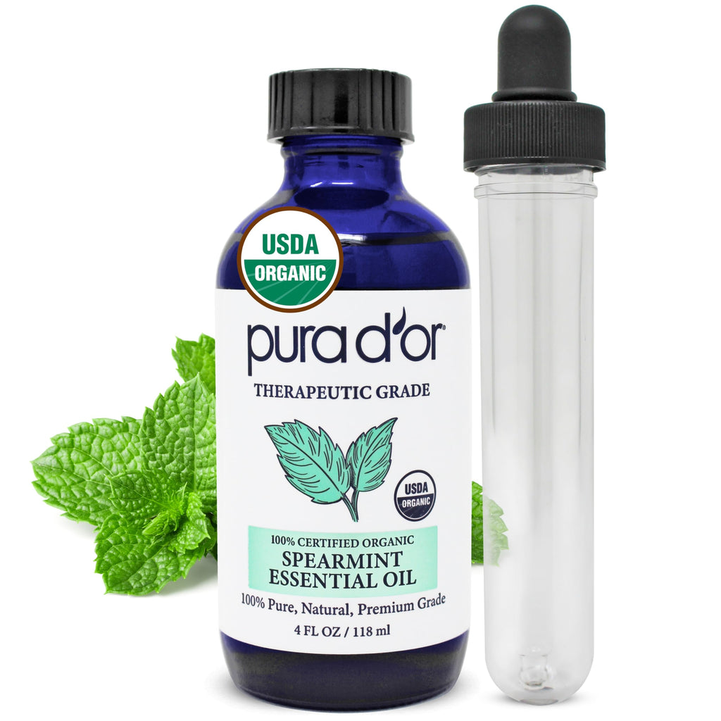 PURA DOR Organic Spearmint Essential Oil (4oz with Glass Dropper) USDA Certified 100% Pure & Natural Therapeutic Grade Diffuser