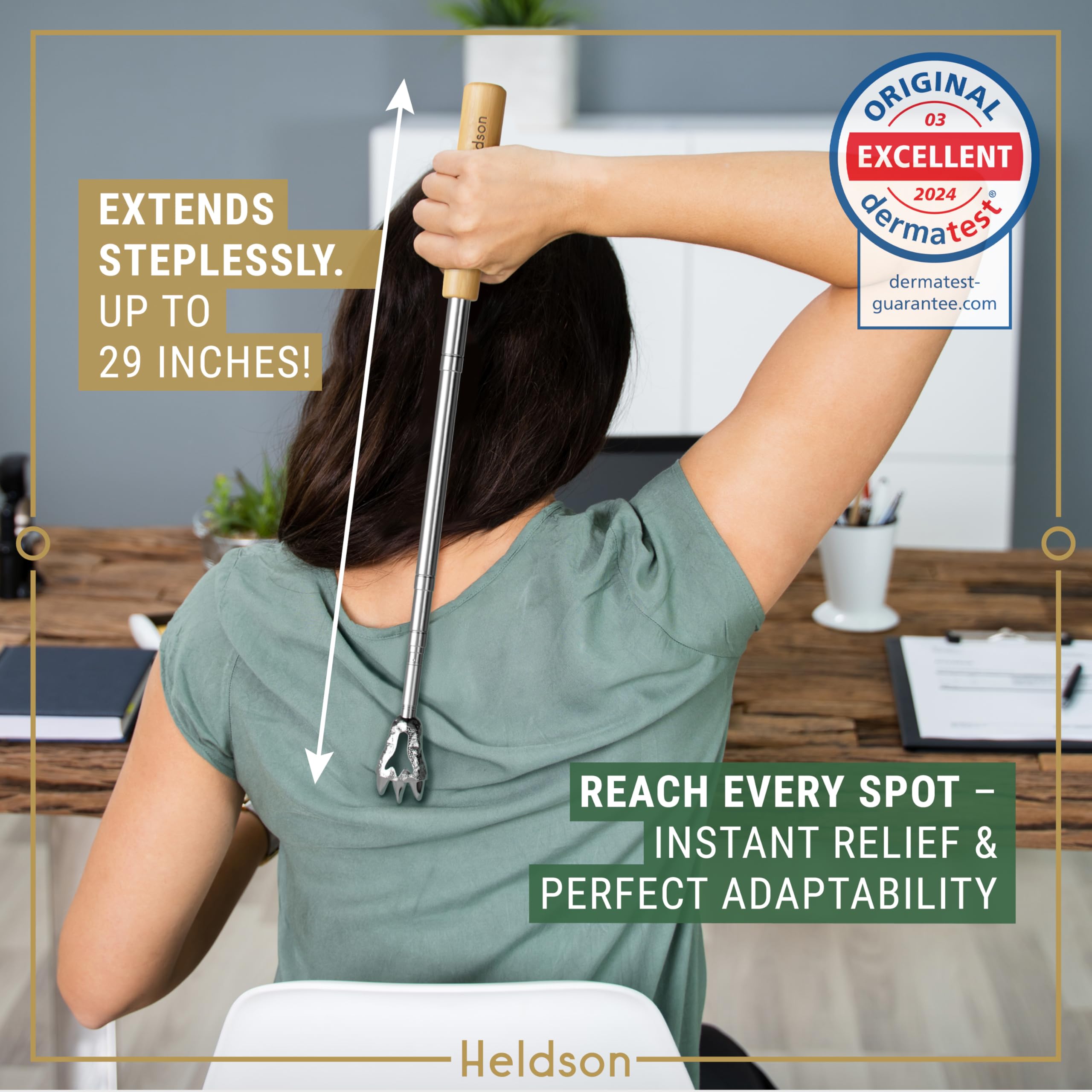 HELDSON Back Scratcher Extendable [5 Scratching Heads] - Retractable Stainless Steel Scratchers - Telescopic Backscratchers for