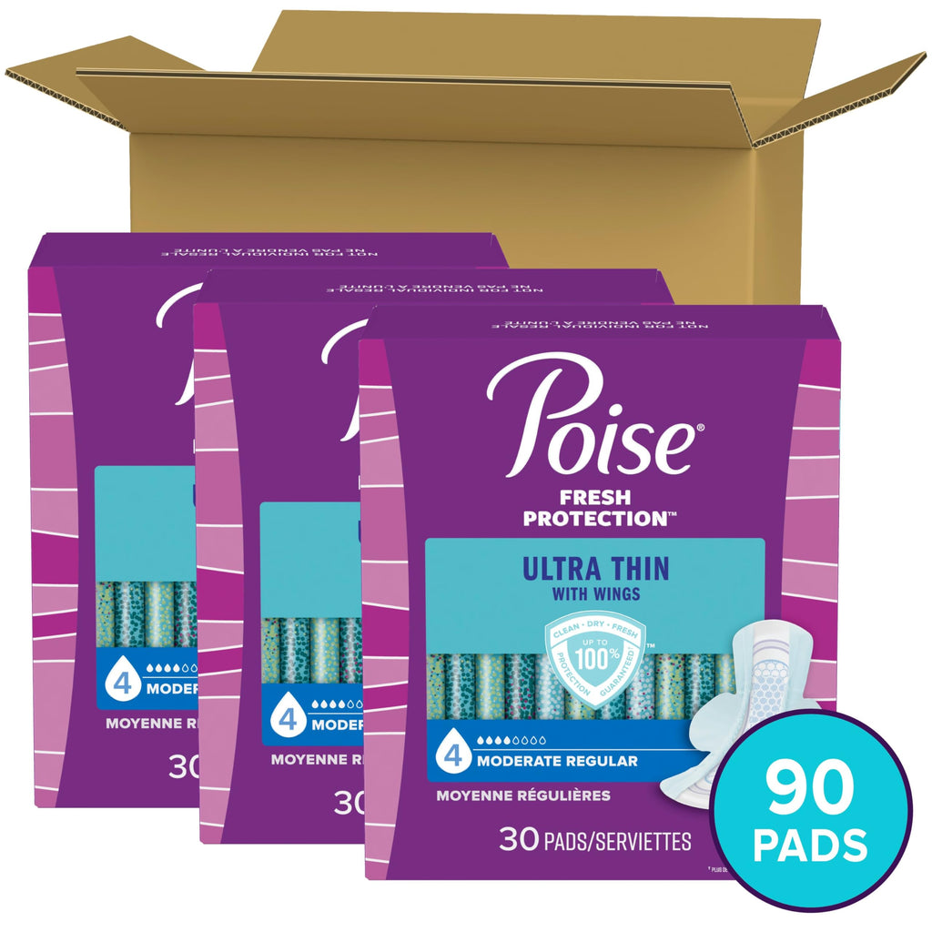 Poise Ultra Thin Incontinence Pads with Wings & Postpartum Incontinence Pads, 4 Drop Moderate Absorbency, Regular Length, 90 Cou