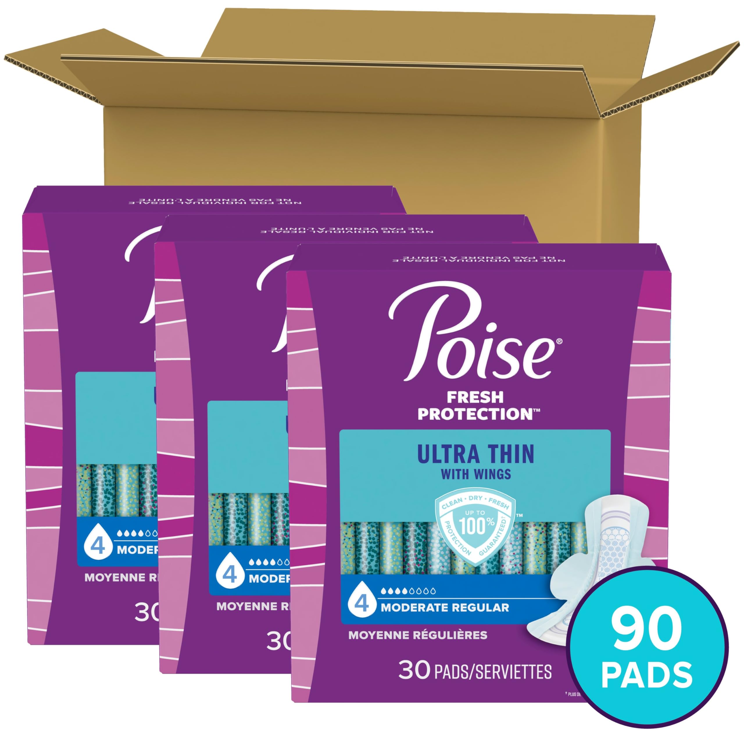 Poise Ultra Thin Incontinence Pads with Wings & Postpartum Incontinence Pads, 4 Drop Moderate Absorbency, Regular Length, 90 Cou