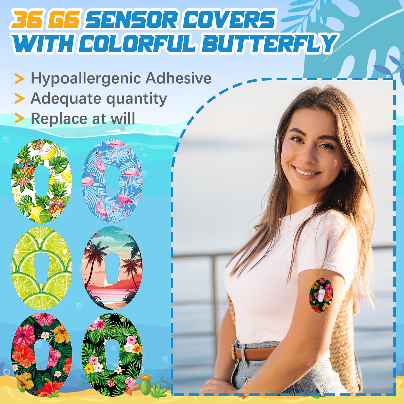 36 Pack Adhesive Patch Compatible with Dexcom G6 Breathable Colorful CGM Patches Waterproof Tropical Hawaii Pre Cut Adhesive Tap