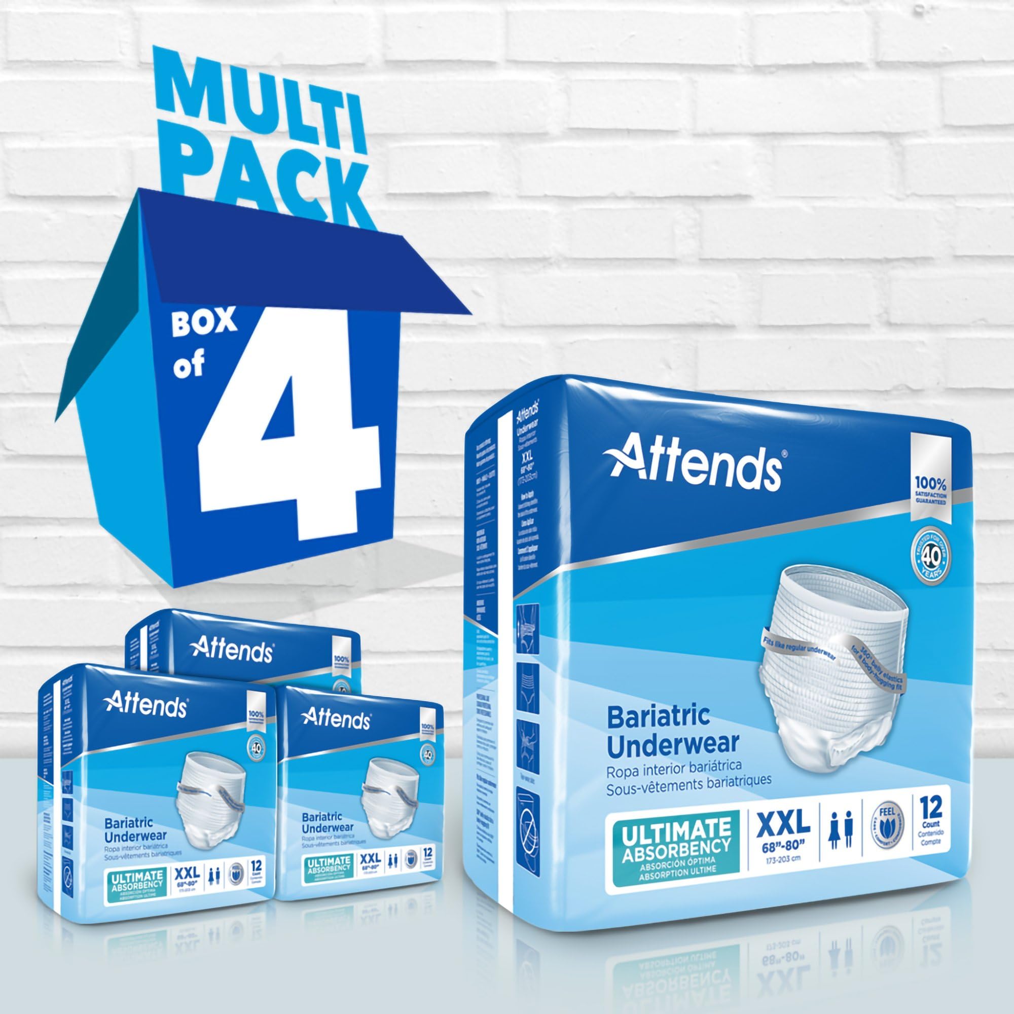Attends Bariatric Underwear for Adult Incontinence Care with ConfidenceCuff Protection, Ultimate Absorbency, Unisex, XX-Large, 1