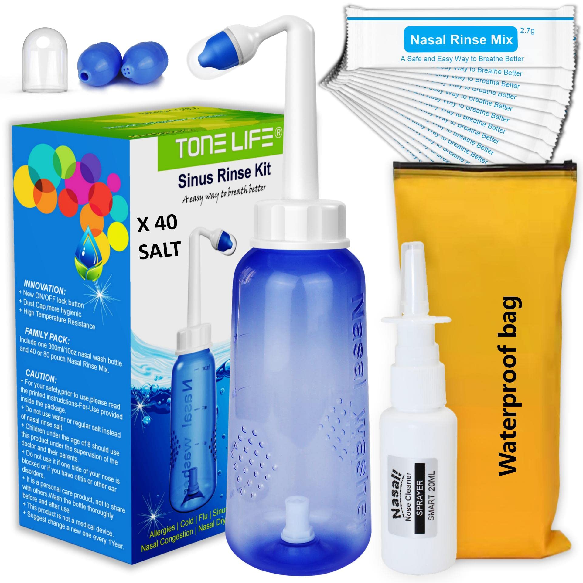 40 Nasal Salt + Neti Pot 300ml + Moisturizing Nasal Sprayer [Daily Nose Care] + Waterproof Travel Bag - Nasal Wash Saline Packet