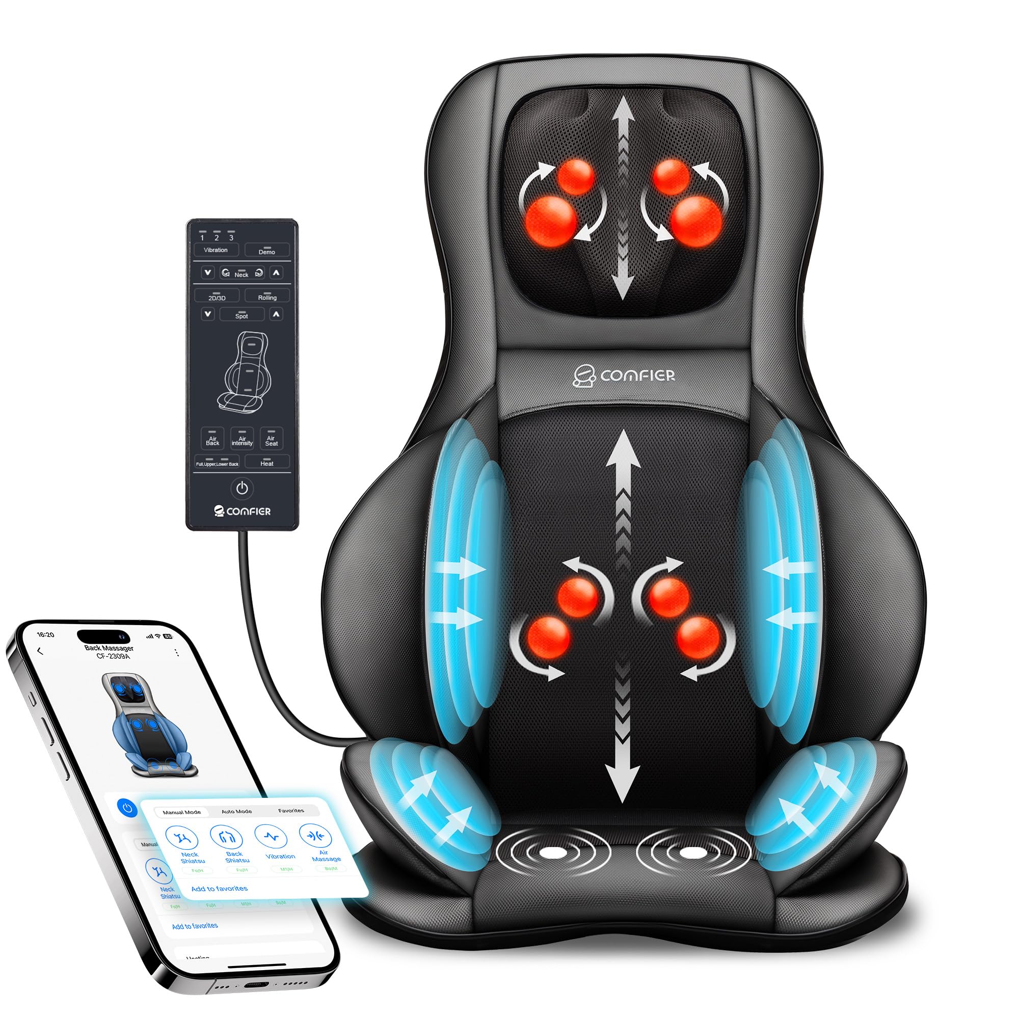 COMFIER Shiatsu Neck Back Massager with Heat,2D/3D Massage Chair Pad with App Control,Deep Tissue Kneading Massage Chair Pad wit