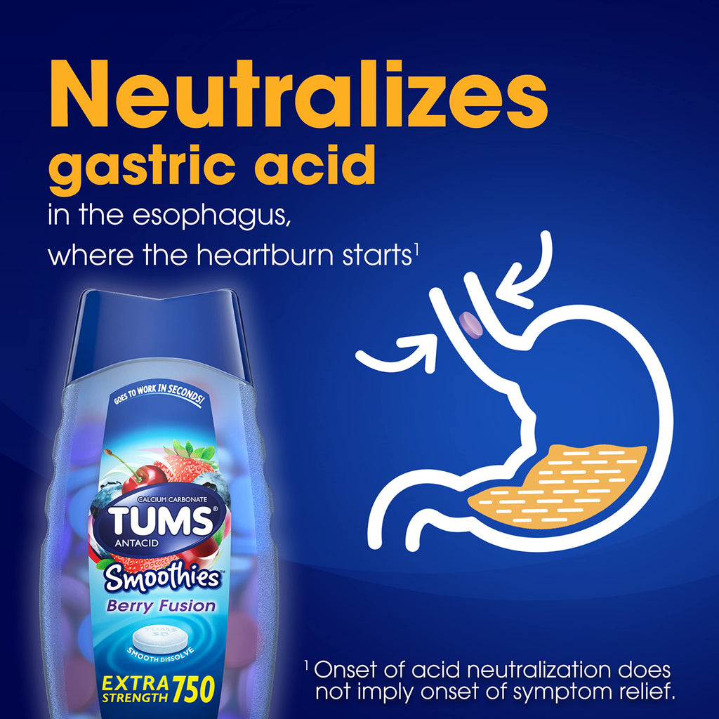 TUMS Antacid Smoothies Berry Fusion Extra Strength 750, Smooth Dissolve - 140 Chewable Tablets