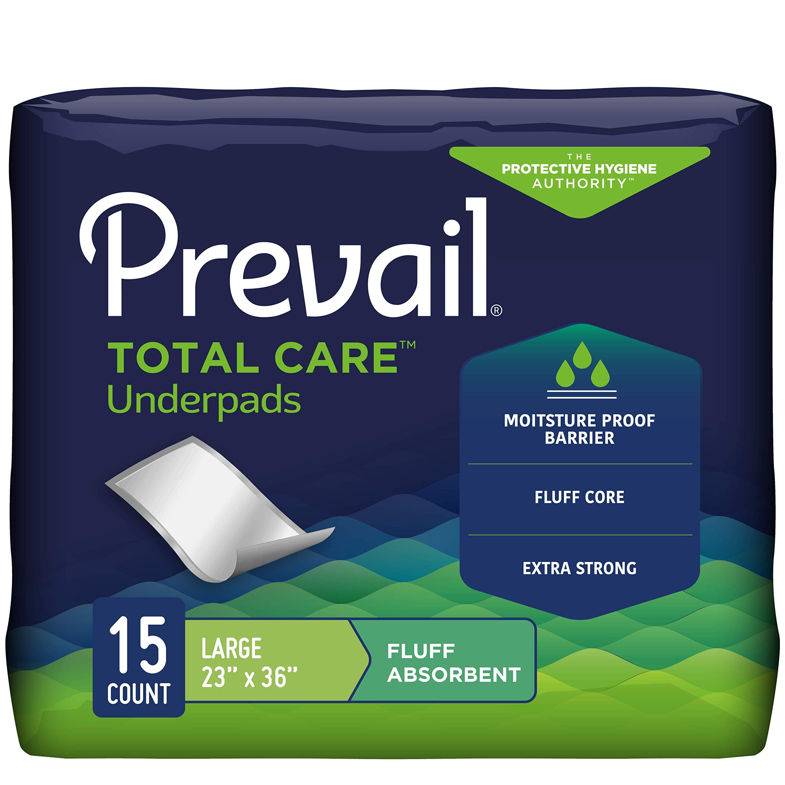 Prevail Fluff Absorbent Incontinence Underpad, Disposable, Large, 23 x 36, 15 Count