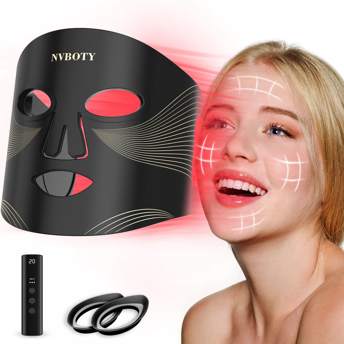 NVBOTY LED Face Mask Light Therapy, 4 Modes Portable Red Light Therapy for Face, 2000mAh Rechargeable Remote, Blue, Orange, 850N