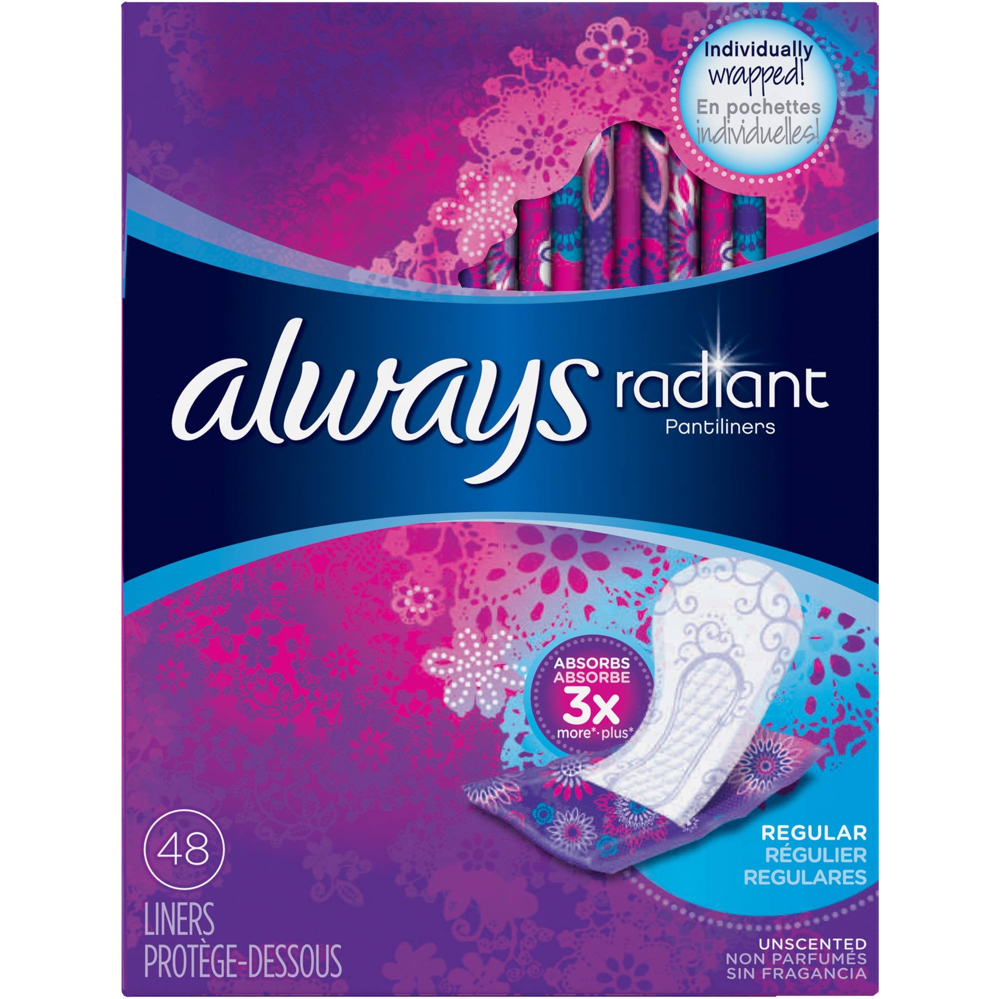 Always Radiant Pantiliners, Regular, Unscented, 48 Liners (Pack of 2)