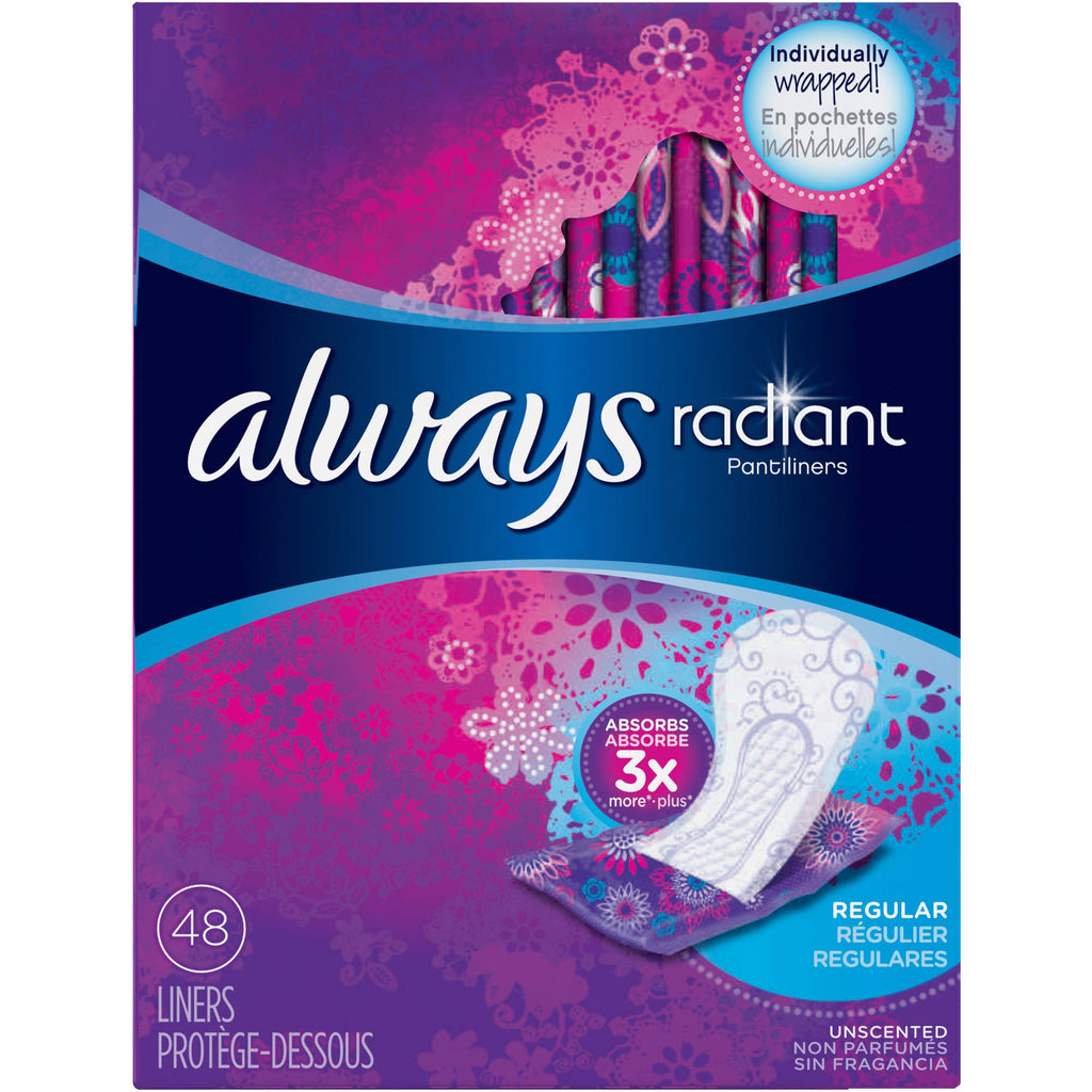 Always Radiant Pantiliners, Regular, Unscented, 48 Liners (Pack of 2)