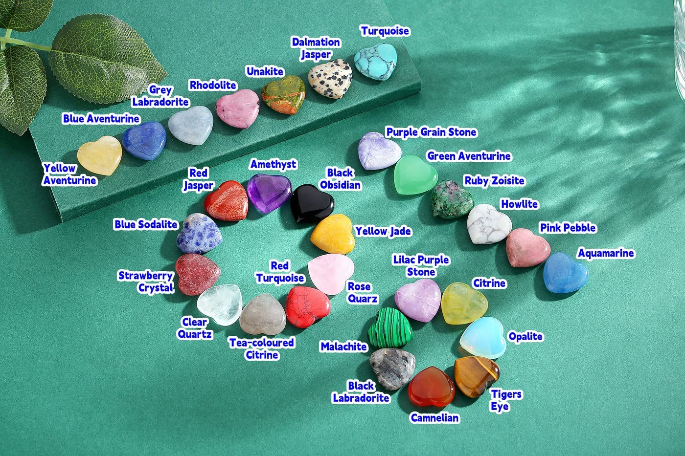 QINJIEJIE 30PCS Heart Crystals Healing Crystal Palm Natural Stones Polished Gemstones Amethyst Malachite Rose Quartz Assorted Se