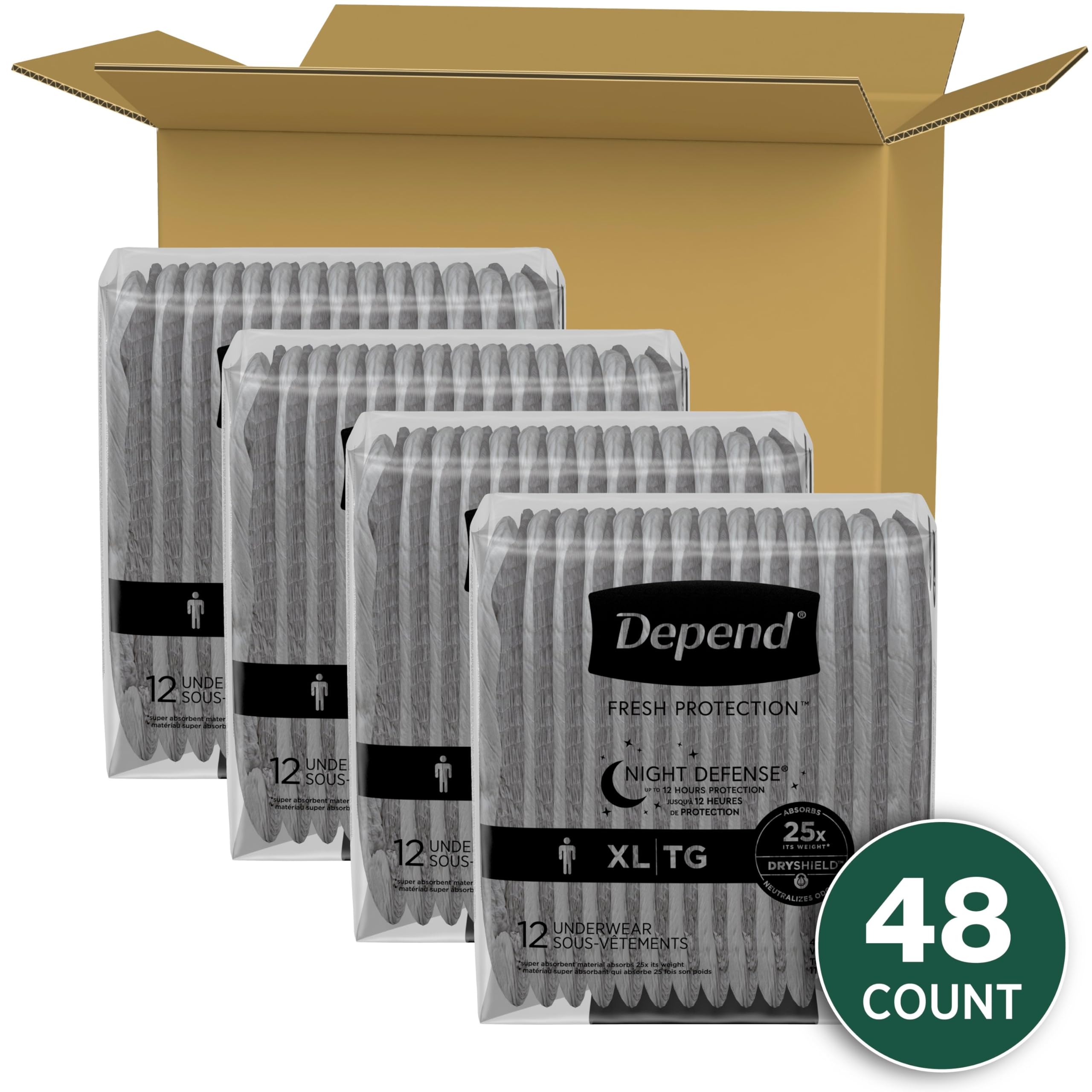 Depend Night Defense Adult Incontinence Underwear for Men, Disposable, Overnight, Extra-Large, Grey, 48 Count (4 Packs of 12), P