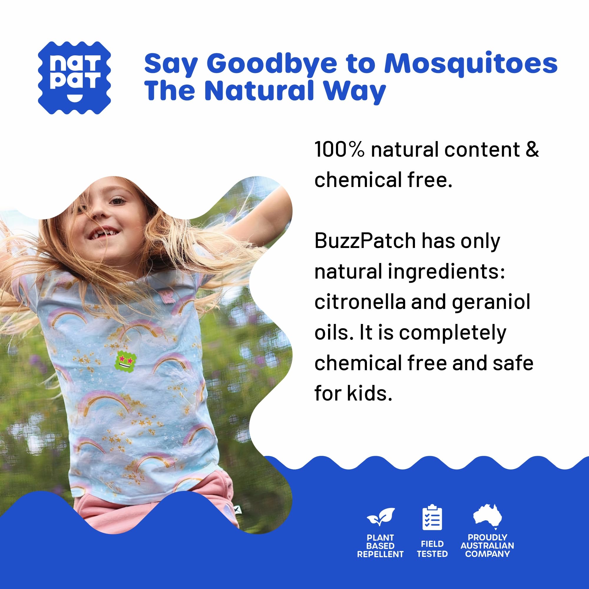 BuzzPatch Mosquito Patch Stickers for Kids (60 Pack) - All Natural, Plant Based Ingredients, Non-Toxic, DEET Free, Citronella Es