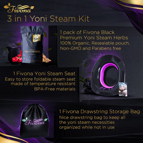 Fivona 3-in-1 Yoni Steam Kit Black - Foldable Over The Toilet Steamer Seat with Herbal Blend and Storage Bag - Effective Detox p