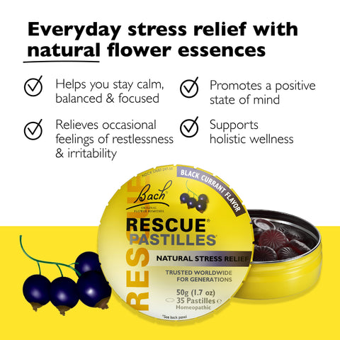 RESCUE Bach PASTILLES, Black Currant Flavor, Natural Stress Relief Lozenges, Homeopathic Flower Essence, Vegetarian, Gluten and 