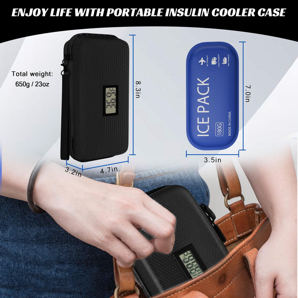 Insulin Cooler Travel Case TSA Approved, Portable Diabetic Medicine Cooling Bag with Digital Thermometer & 2 Ice Packs, Refriger