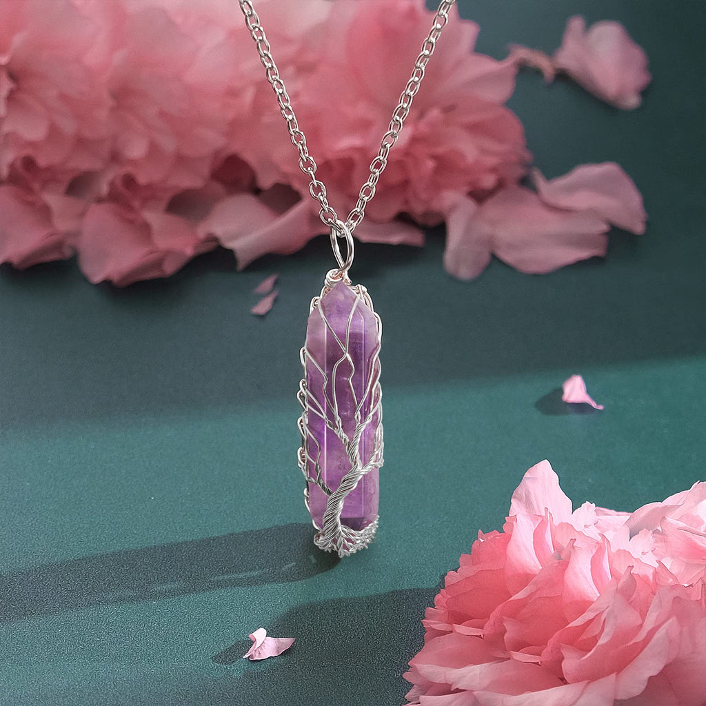 VIBILIA Healing Crystal Necklace Tree of Life Wire Wrapped Natural Amethyst Stone Point Pendant Necklace Hexagonal Reiki Spiritu