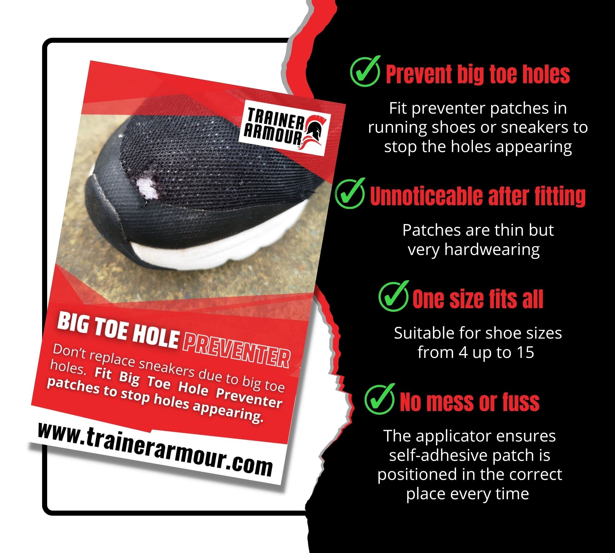Trainer Armour - Big Toe Hole Preventer, self-Adhesive Patches with a Clever applicator. Shoe Toe Burst Toe Box Blowout Preventi