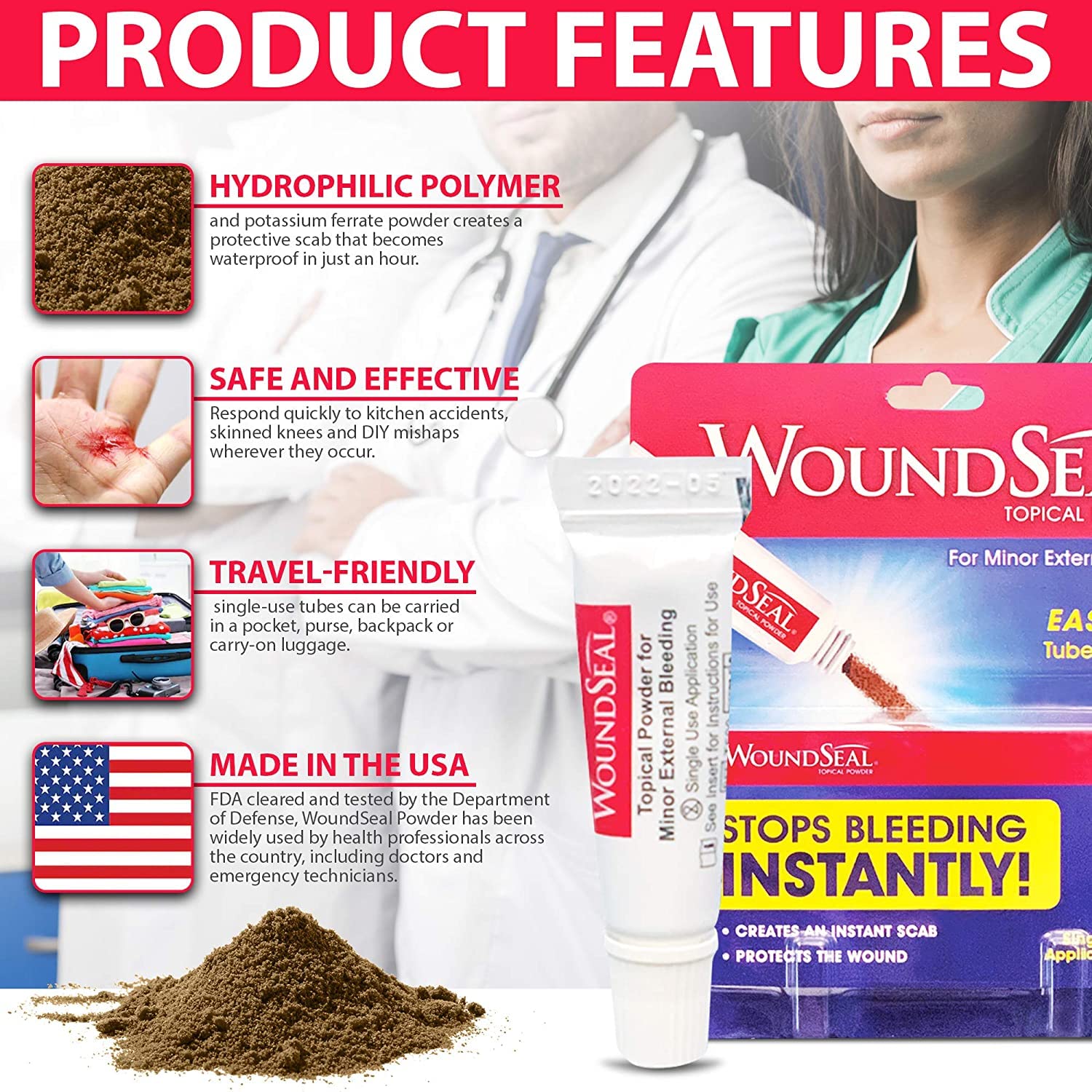 WoundSeal Powder 4 Each (Pack of 3) - Wound Care First Aid for Cuts, Scrapes and Abrasions - Stops Bleeding in Seconds Without S