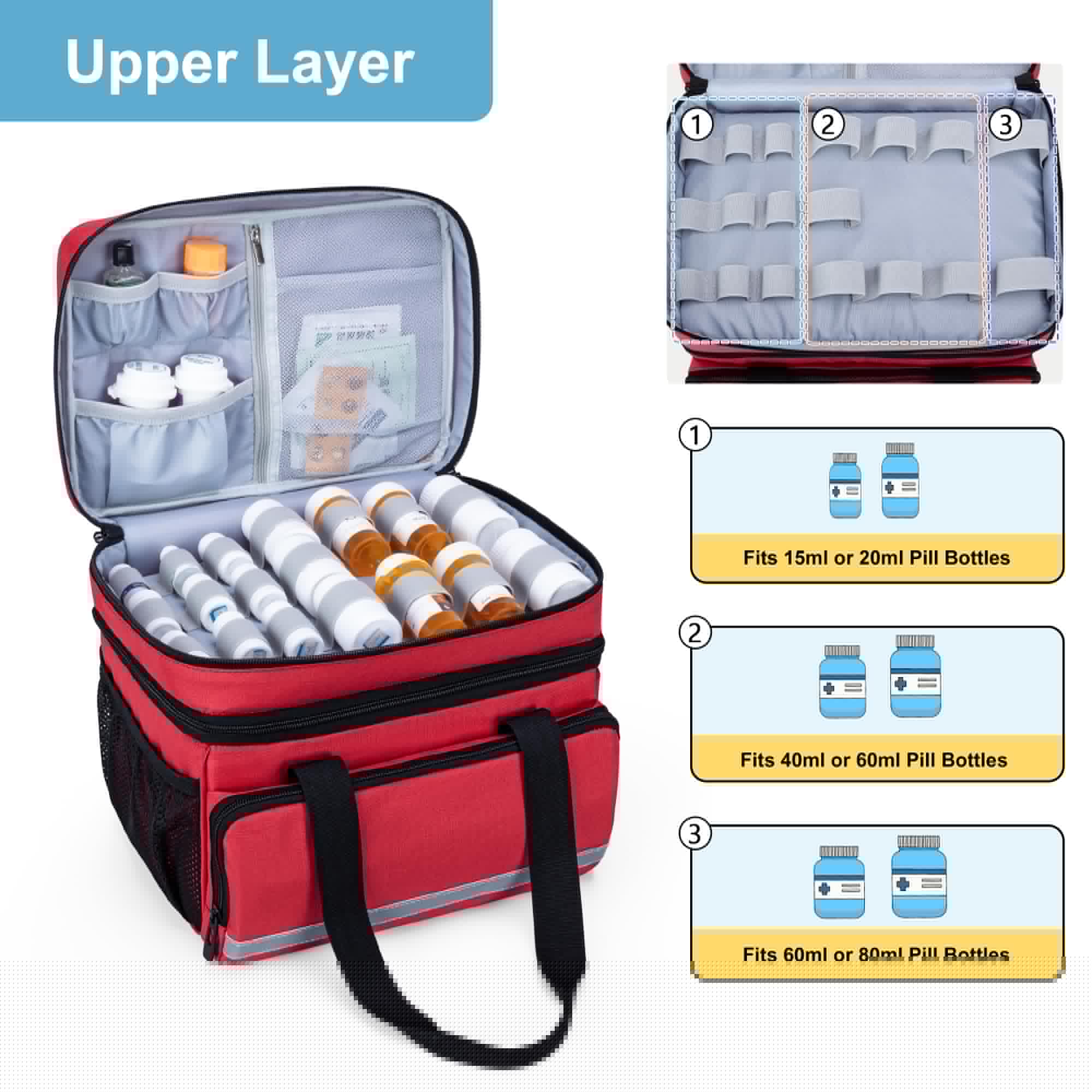 CURMIO Double Layers Pill Bottle Organizer Bag Empty, Medicine Organizer Storage Case with Lockable Zippers, Medication Travel B
